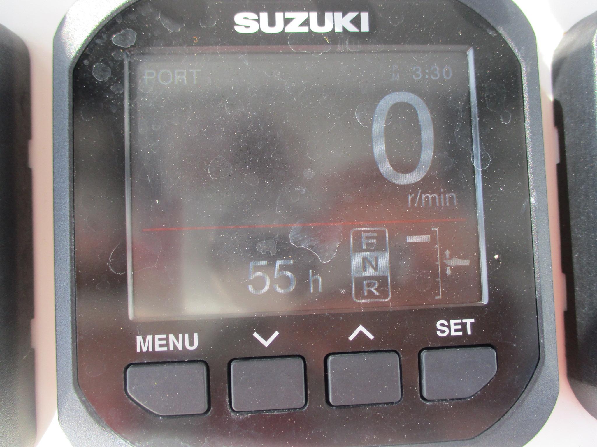 Suzuki engine display on 2024 Blue Wave 2800 Makaira, showing 55 hours and 0 RPM.