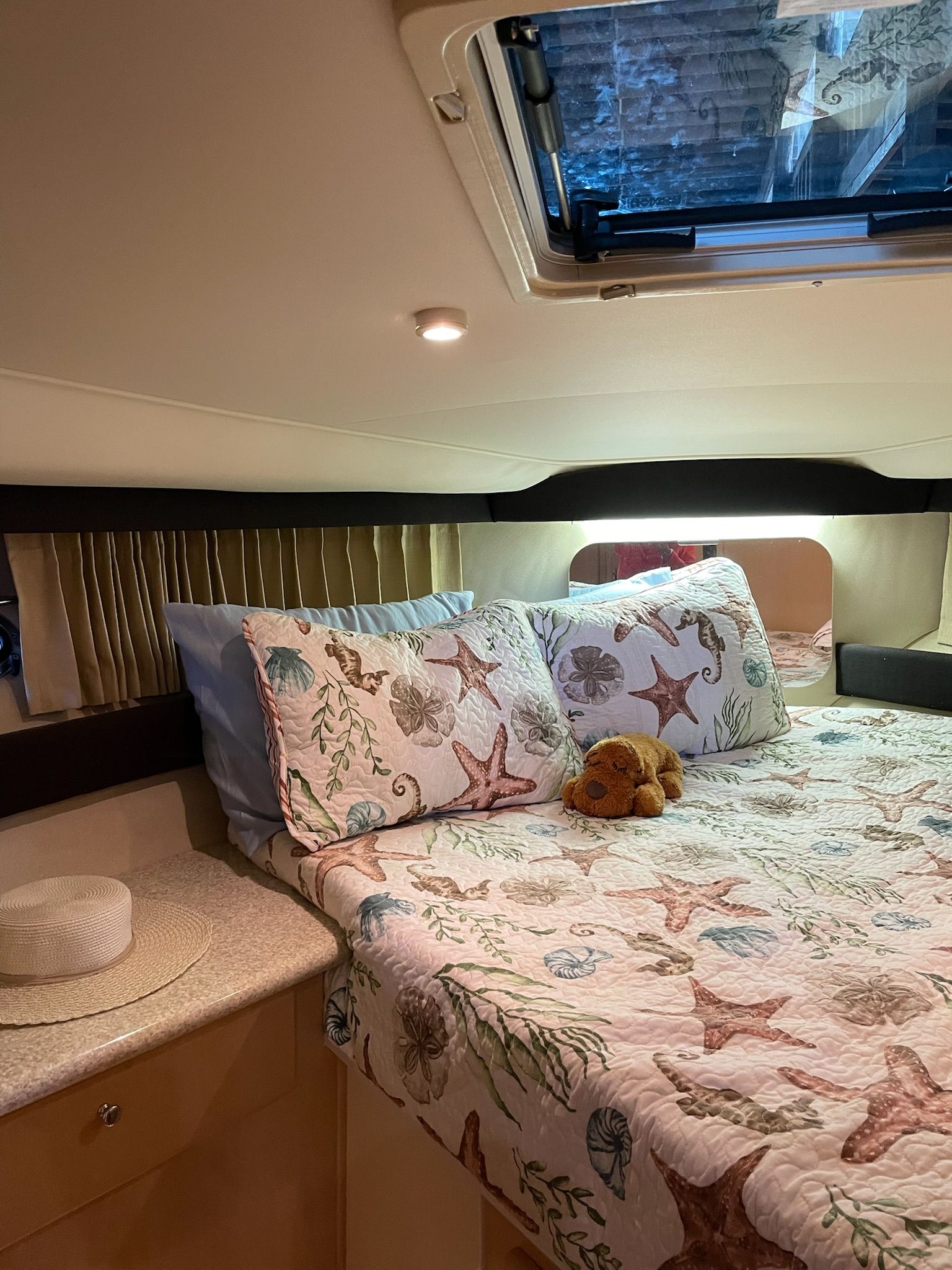 Interior of Carver 356 yacht with cozy bedroom.