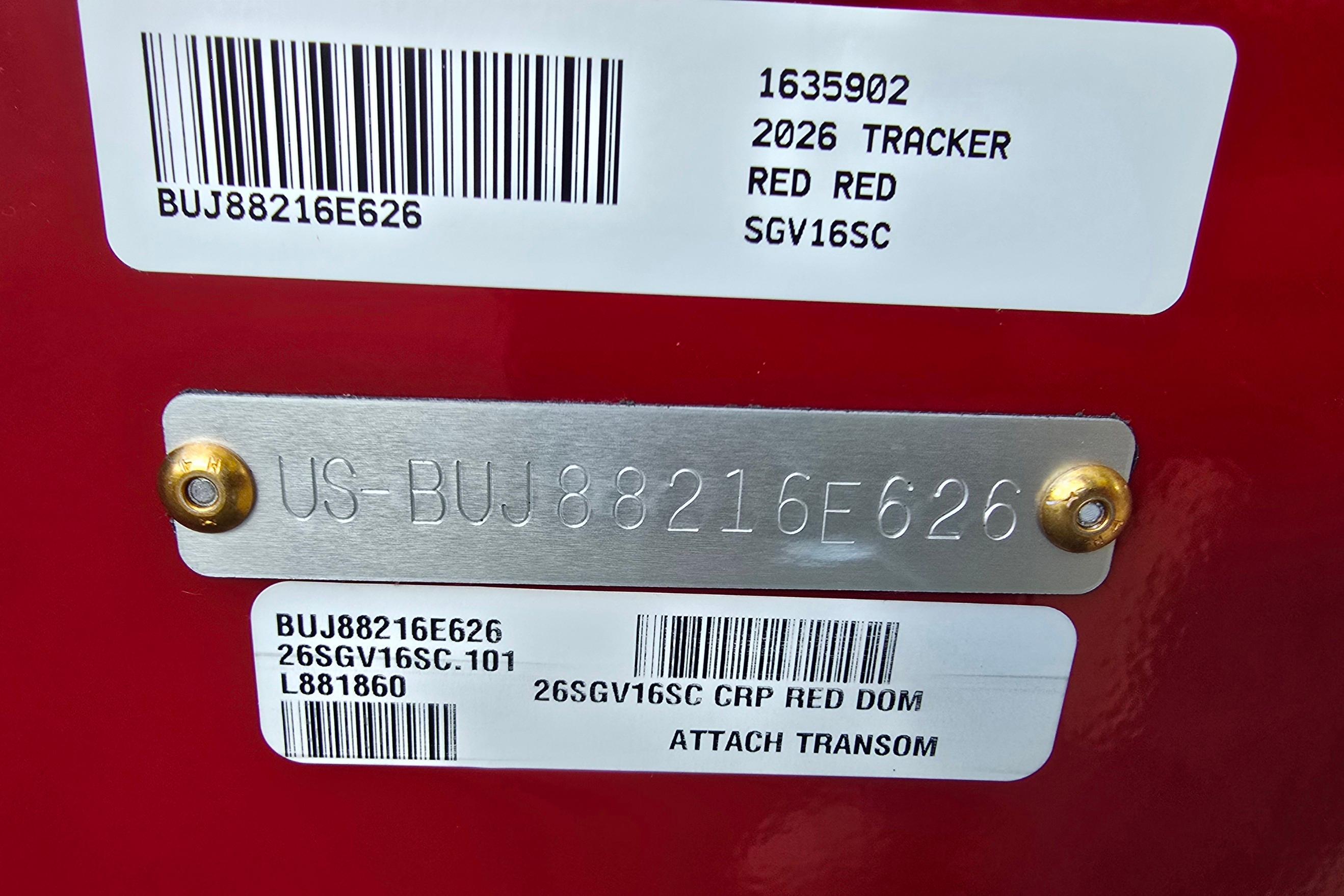 2026 Tracker Super Guide V-16 SC identification plate with serial numbers and barcodes.