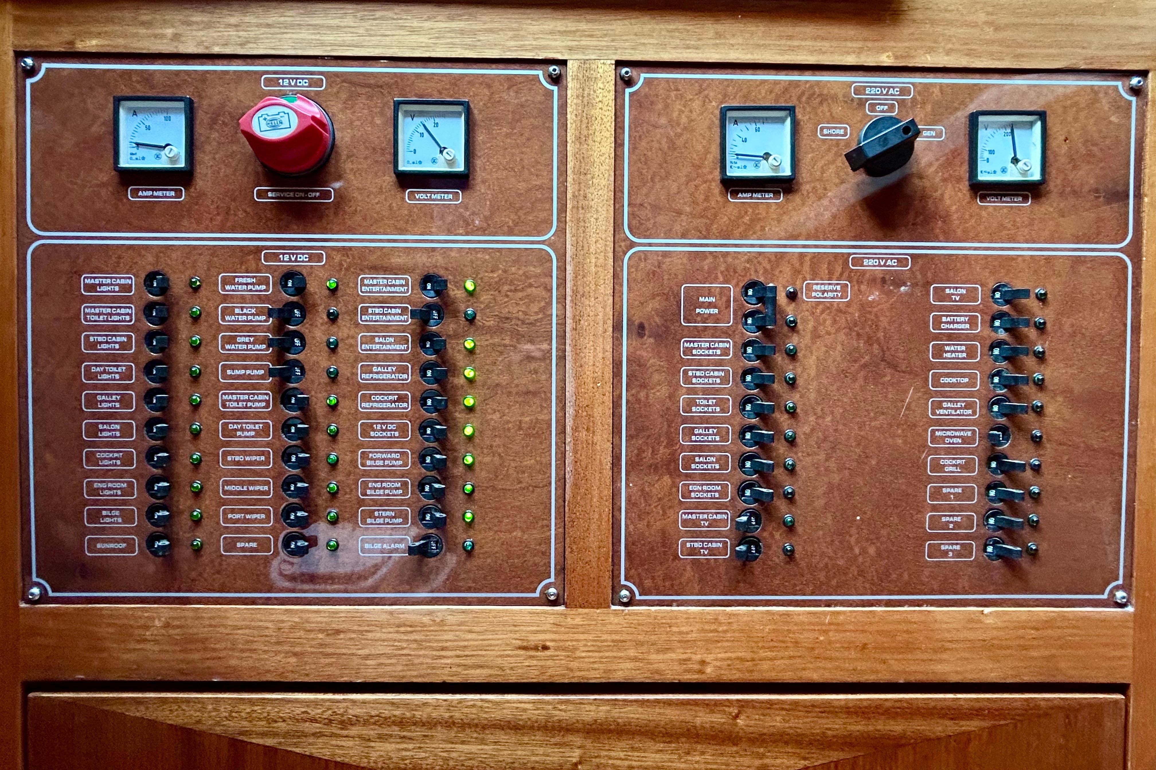 Electrical control panel of a 2008 Vicem 44 boat, featuring switches and meters.