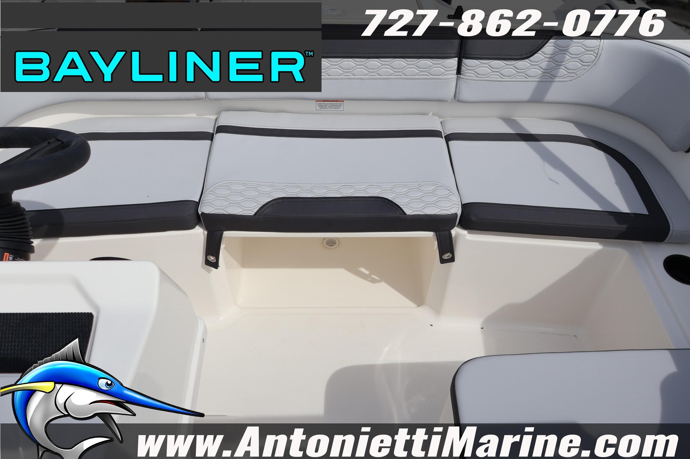 2026 Bayliner Element M17 boat interior with seating, logo, and contact details.