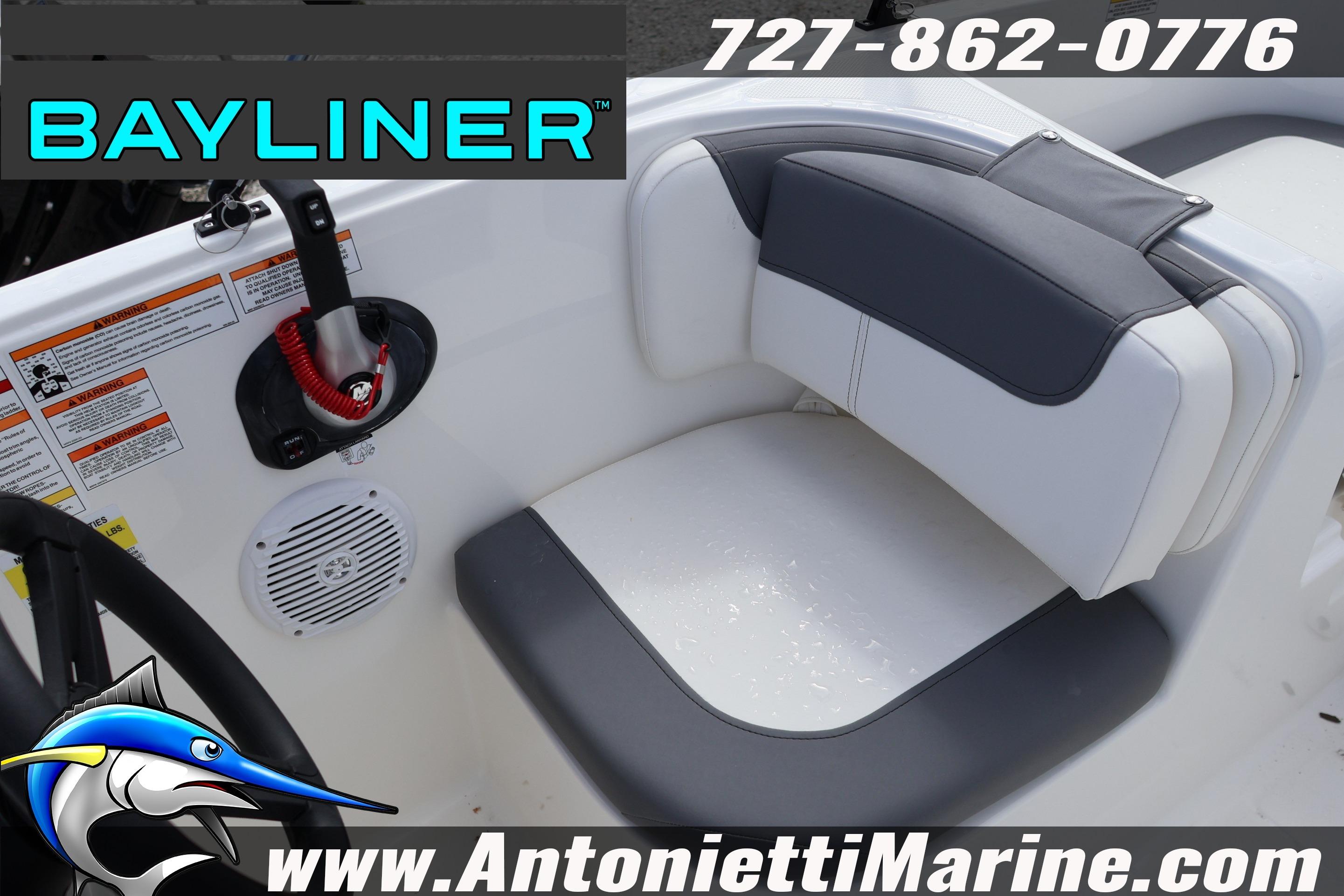 2026 Bayliner Element E16 boat interior with seating and control panel, featuring Antonietti Marine branding.