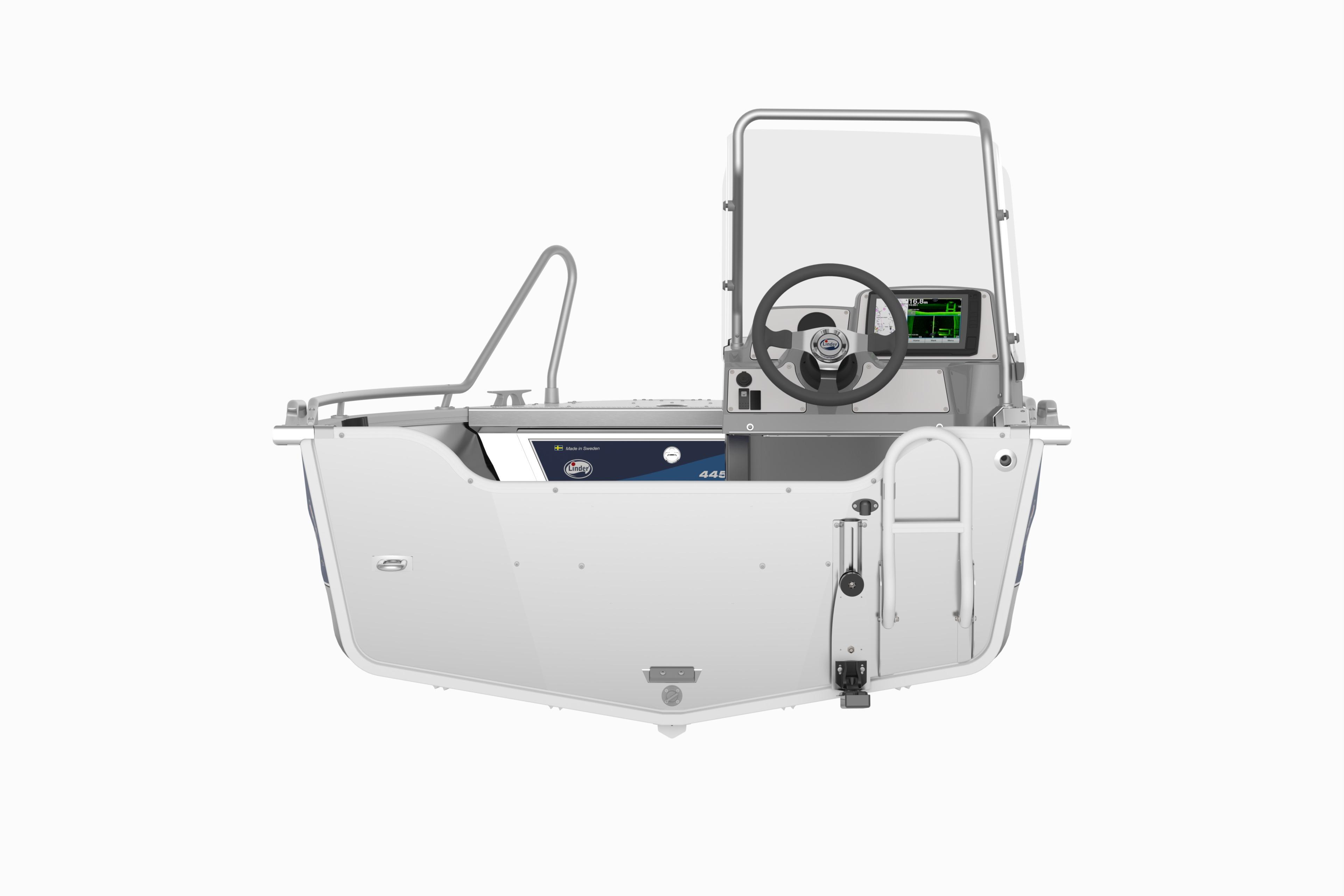 2024 Linder Sportsman 445 Catch boat, side view, featuring steering console and modern design.