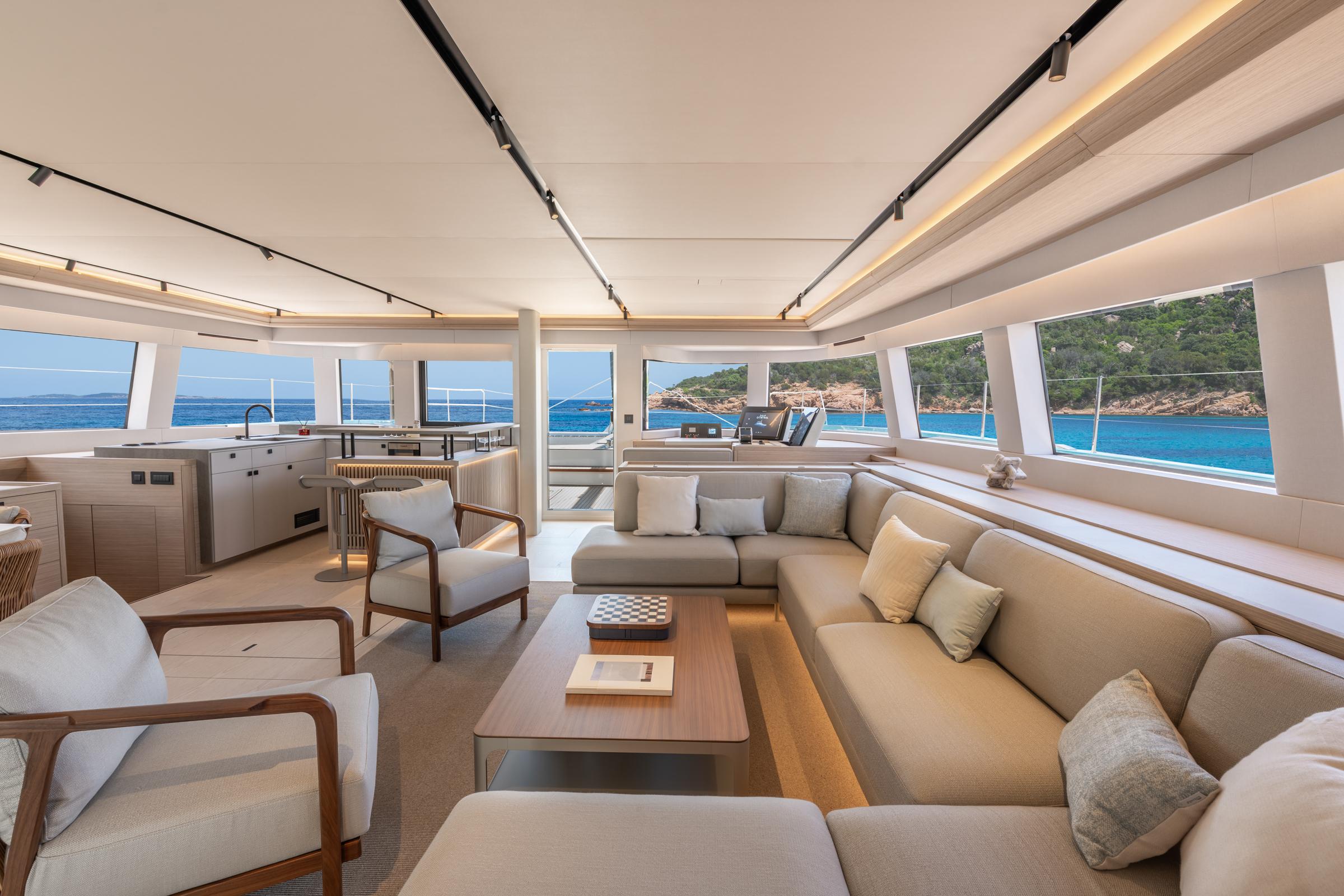 Luxurious interior of 2025 Lagoon Eighty 2 yacht with ocean view.