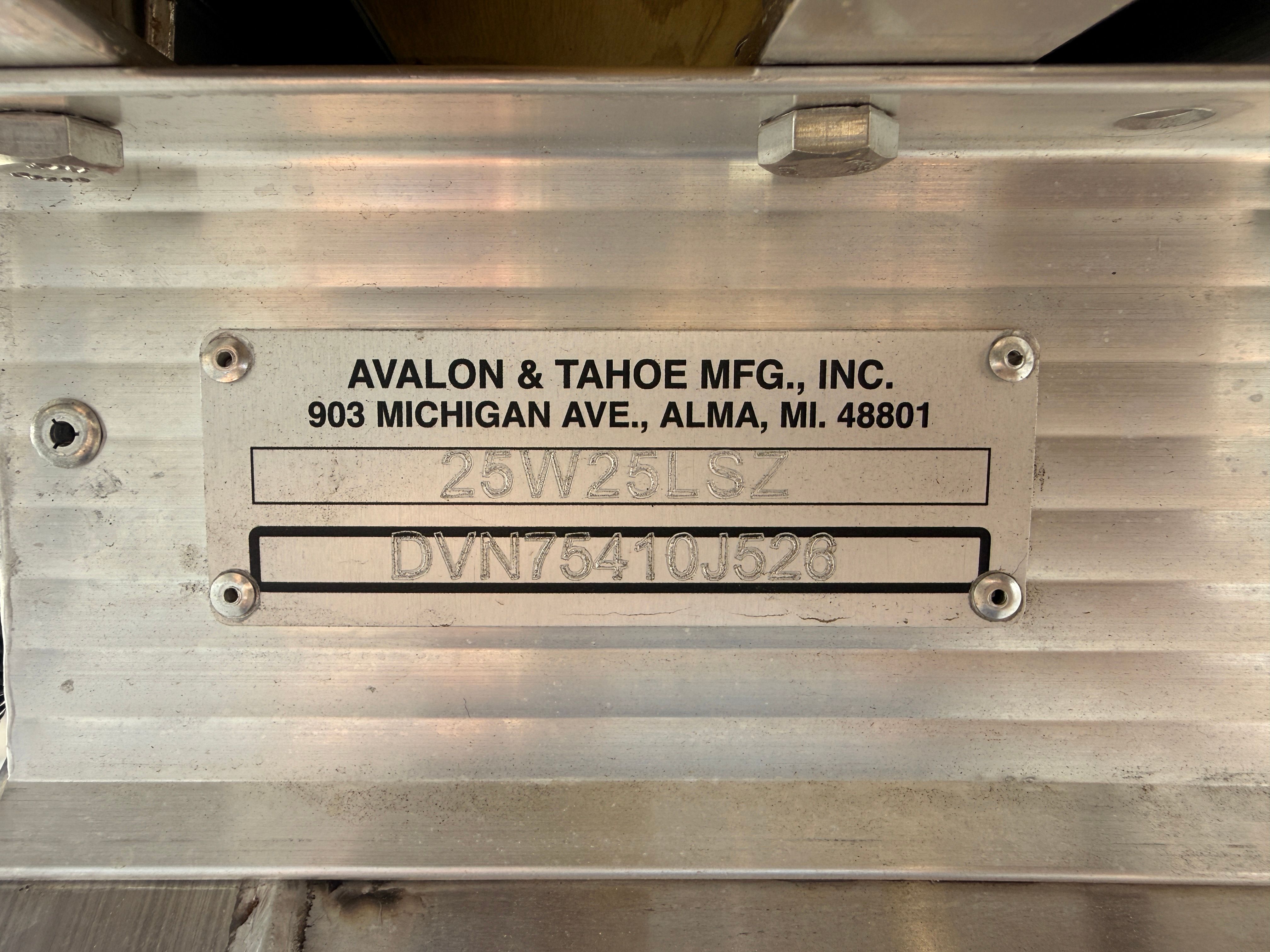 Metal plate with Avalon & Tahoe MFG, Inc. address and serial number.