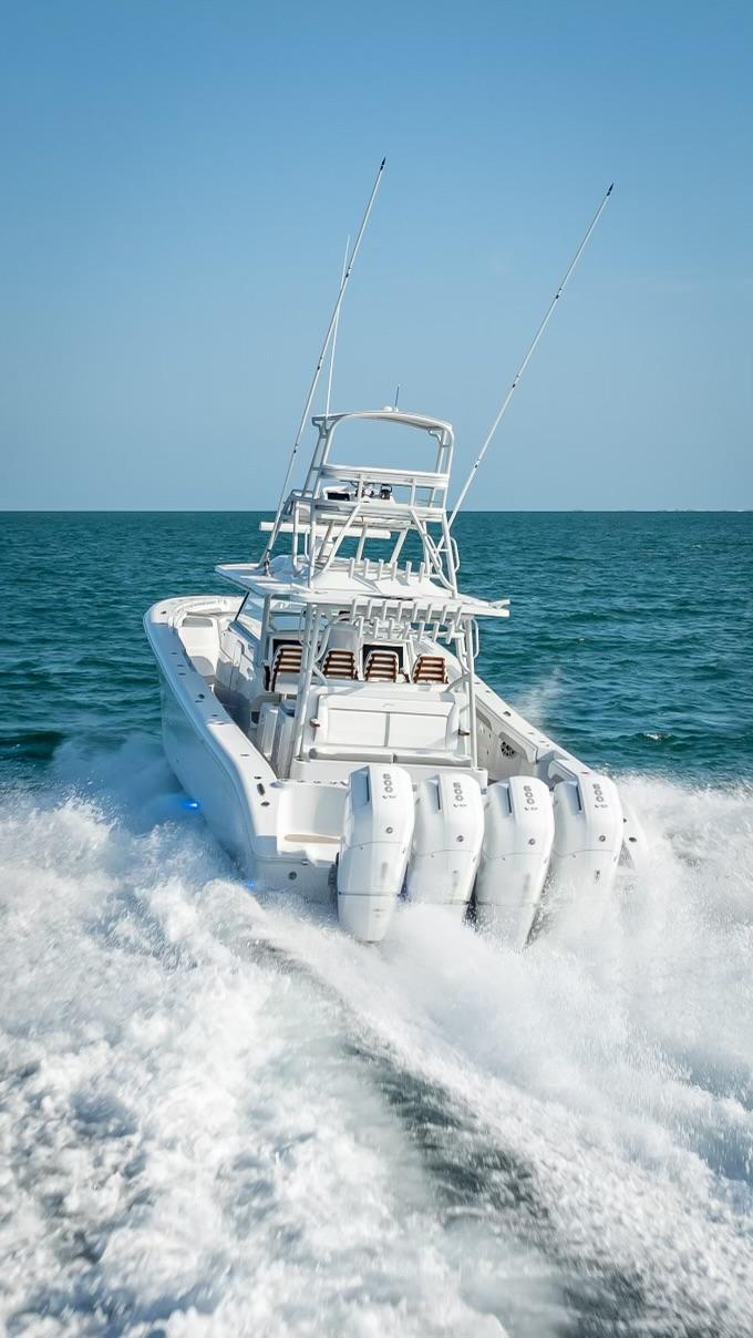 2023 Yellowfin 54 boat speeding on the ocean.