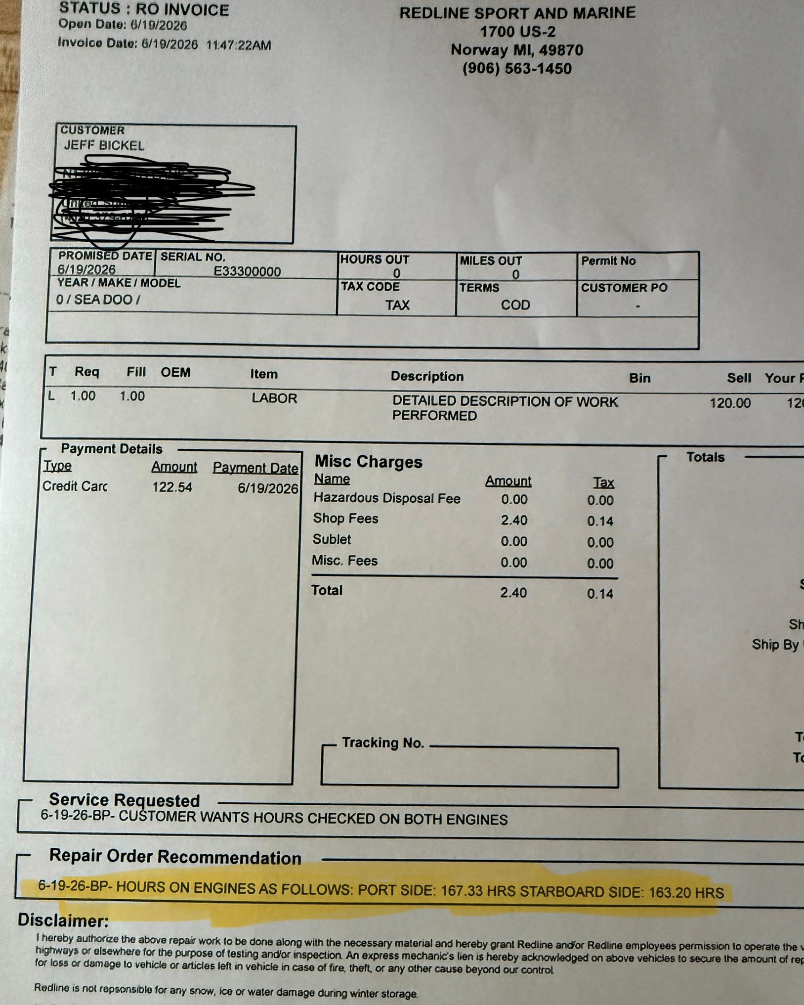 Invoice for a 2007 Sea-Doo Sport Boats Utopia 205SE with labor details.