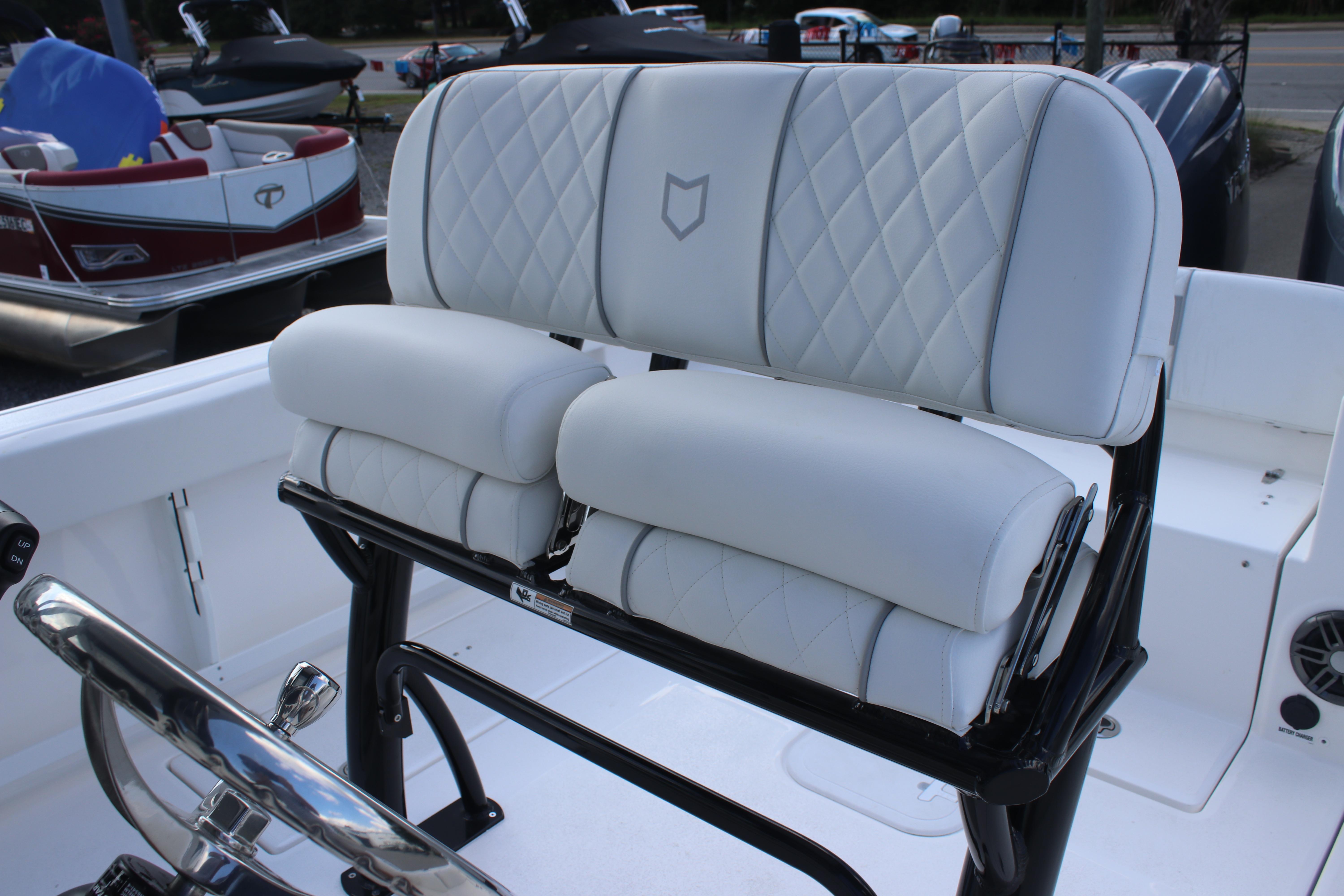 2026 Sea Fox 268 Commander boat seat with diamond-stitched upholstery.