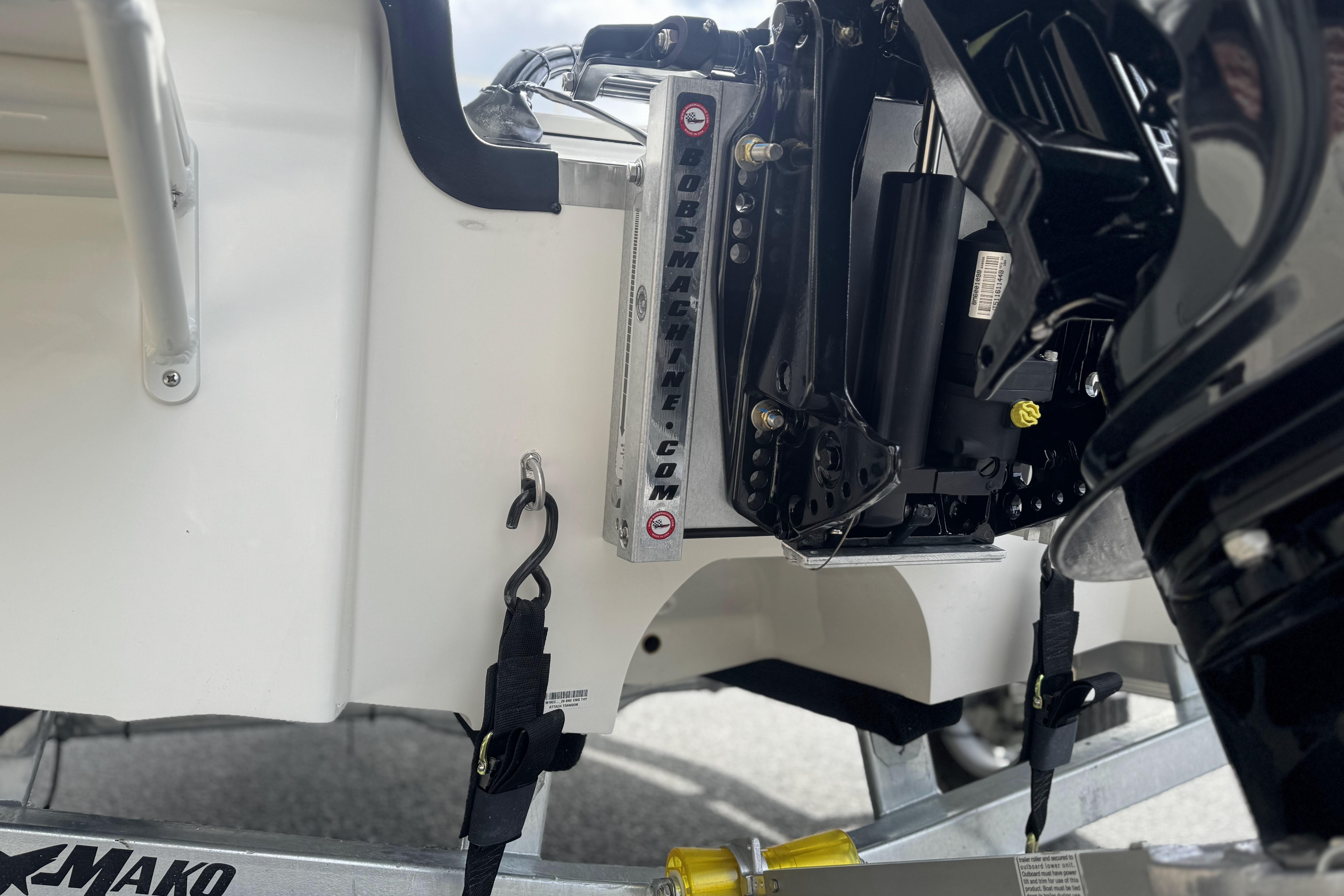 2026 Mako 18 Pro Skiff boat with engine mount detail.