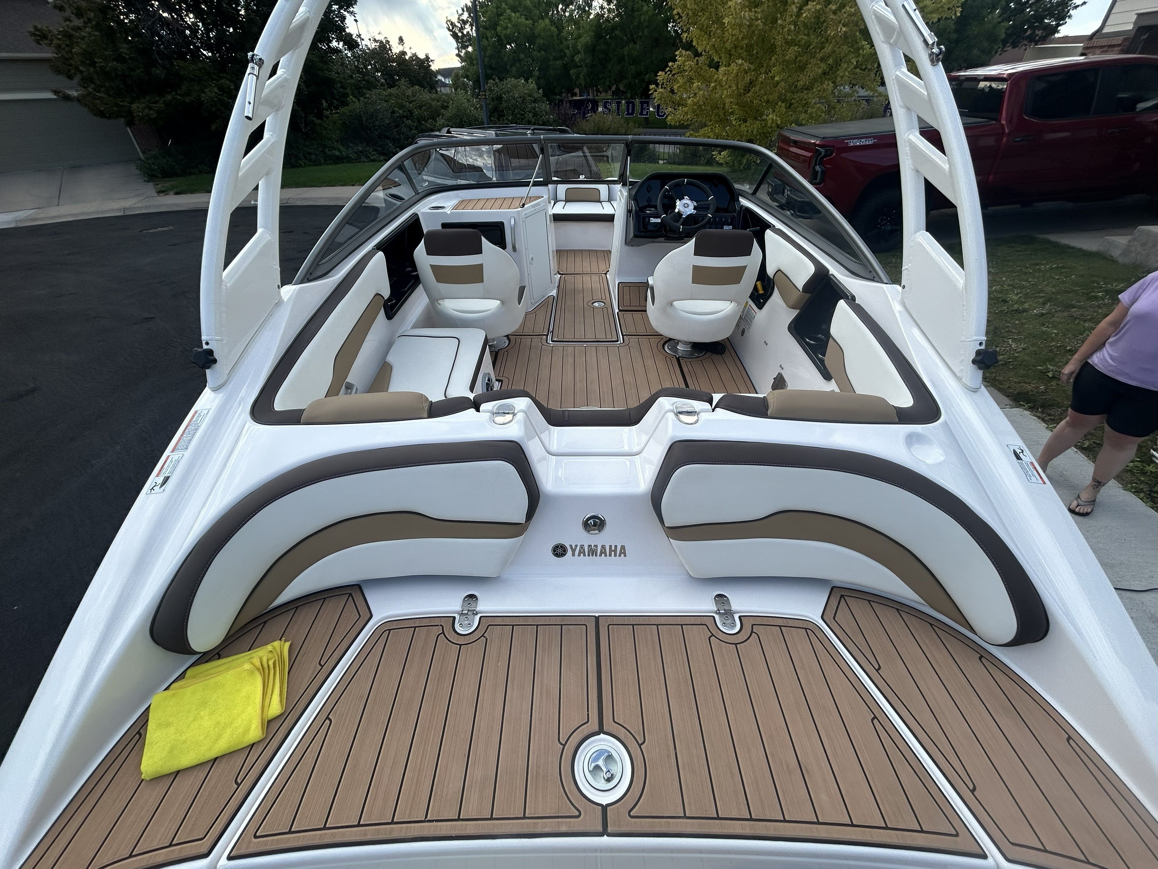 Interior view of a 2022 Yamaha Boats 195S with sleek seating.