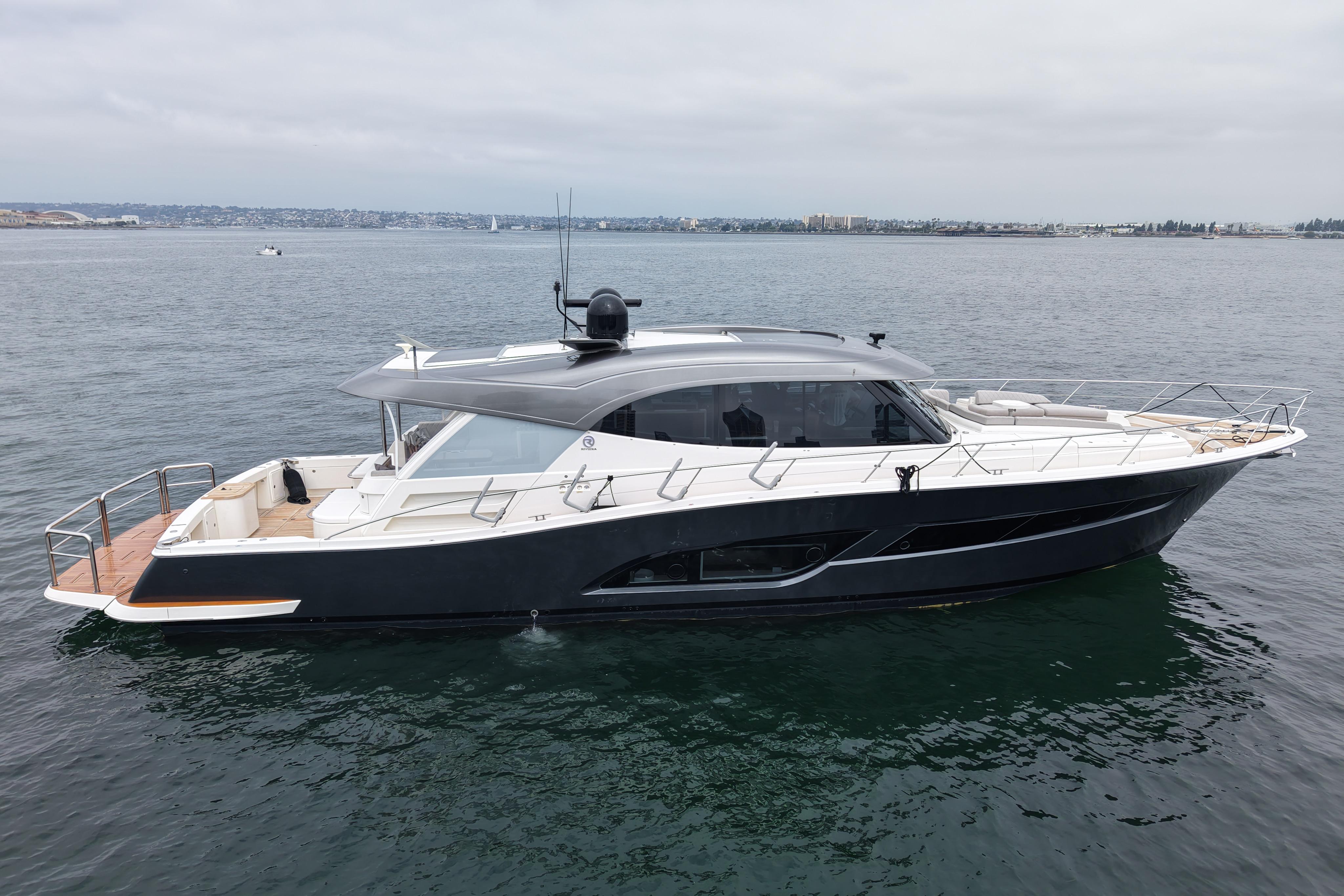 2023 Riviera 645 SUV yacht on calm waters, showcasing sleek design and luxury features.