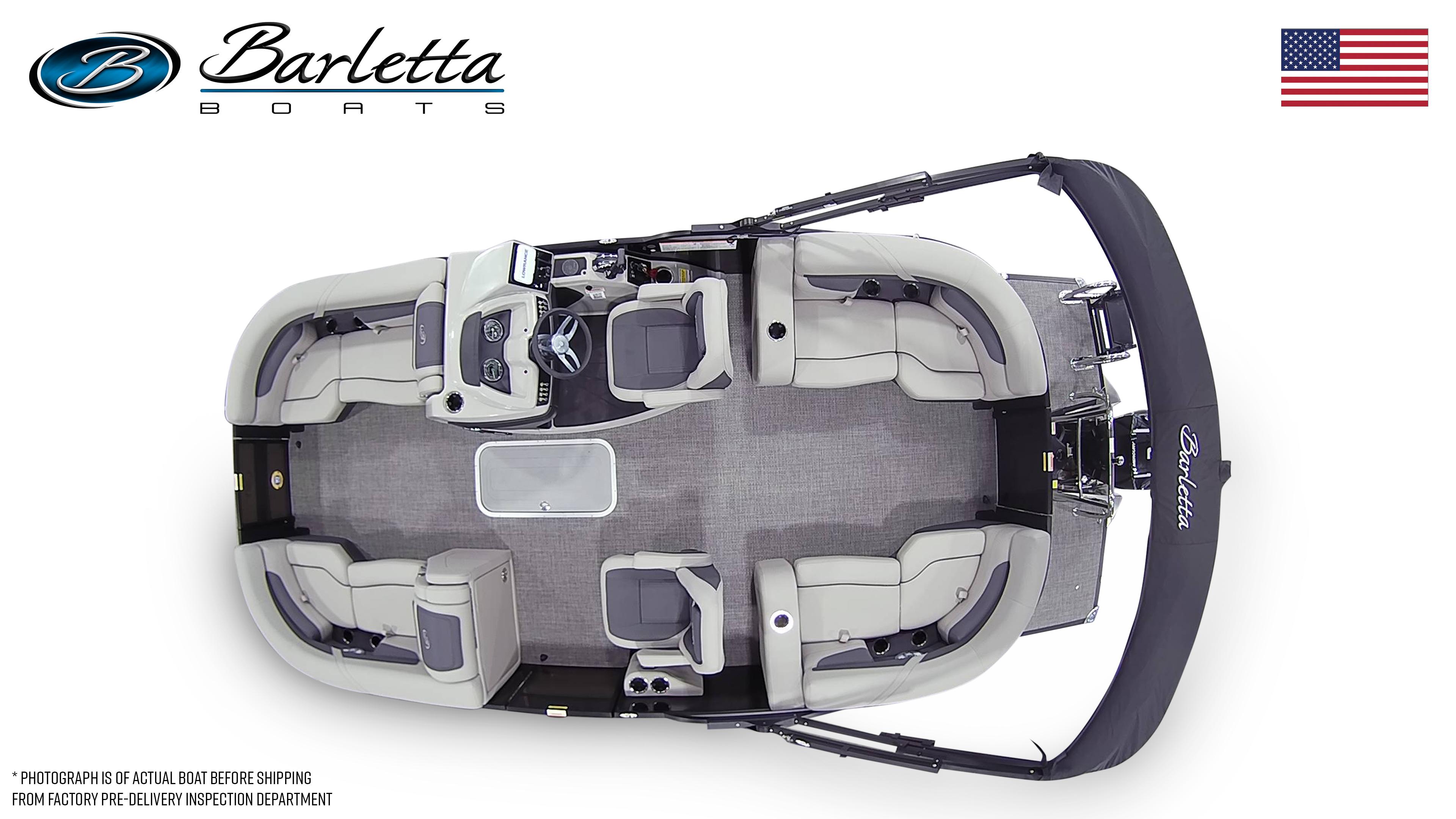 2025 Barletta Cabrio 20QC pontoon boat interior, top view, showcasing seating and layout.