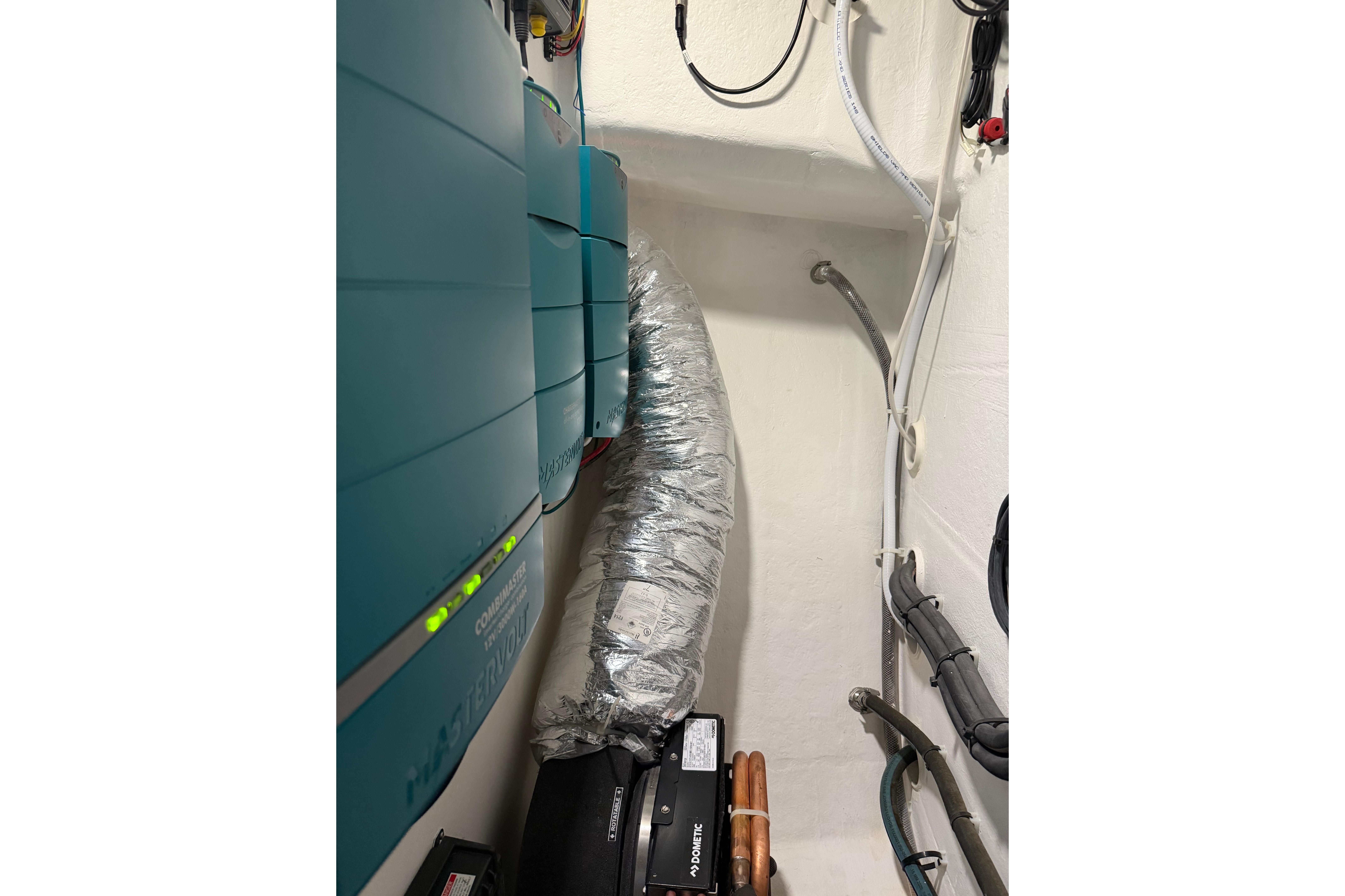 Electrical equipment and wiring inside a 2018 H&H Marine Osmond Beal boat.