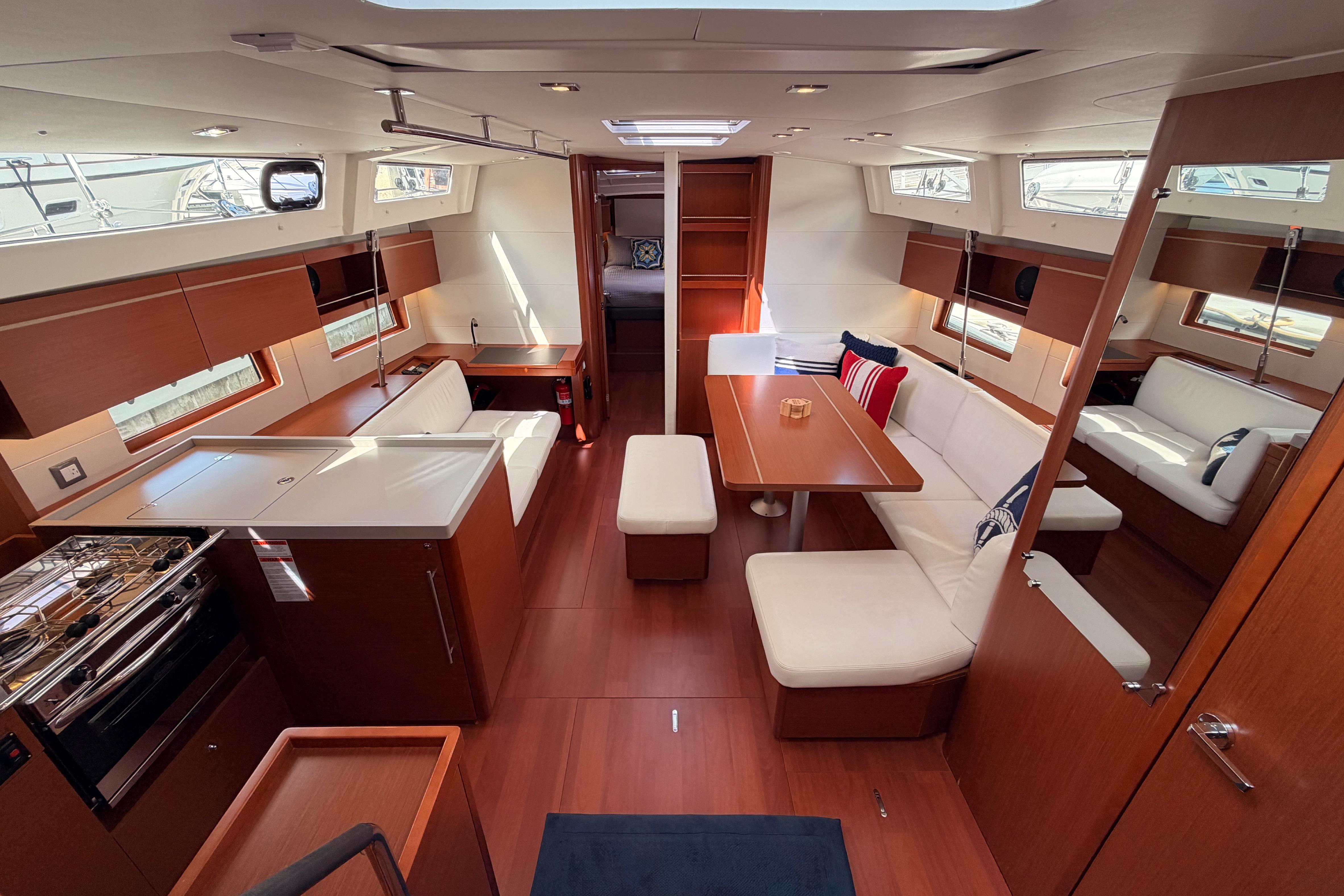 Luxurious interior of 2020 Beneteau Oceanis 46.1 yacht with modern furnishings and spacious layout.