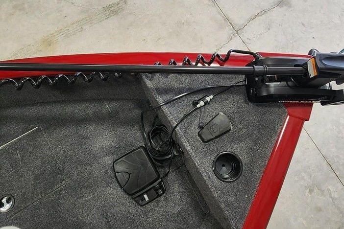 2026 Tracker Super Guide V-16 SC boat deck with trolling motor and foot pedal controls.