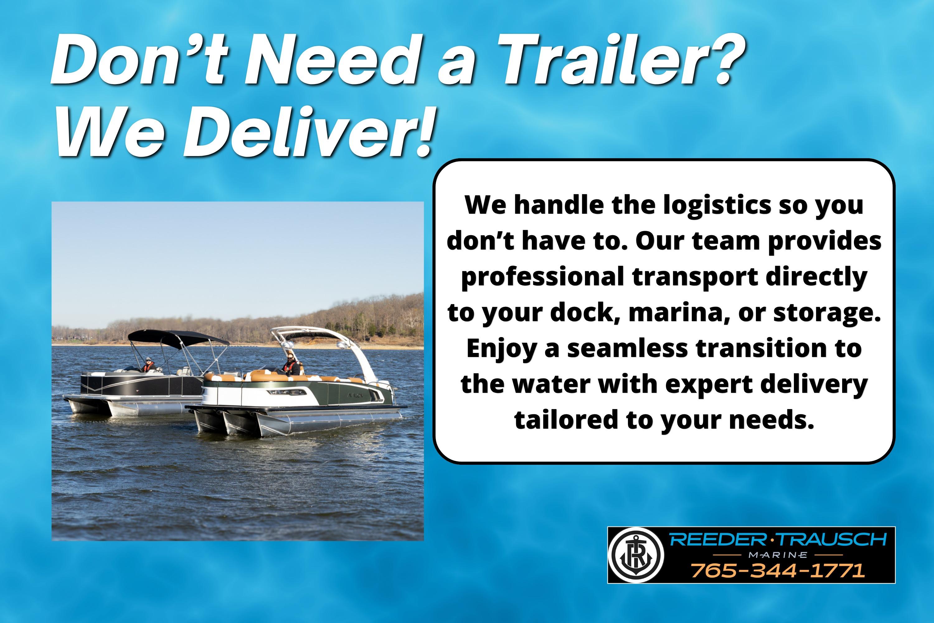 2025 Avalon 2585 Excal VRBW pontoon boat on water, delivery service advertisement.