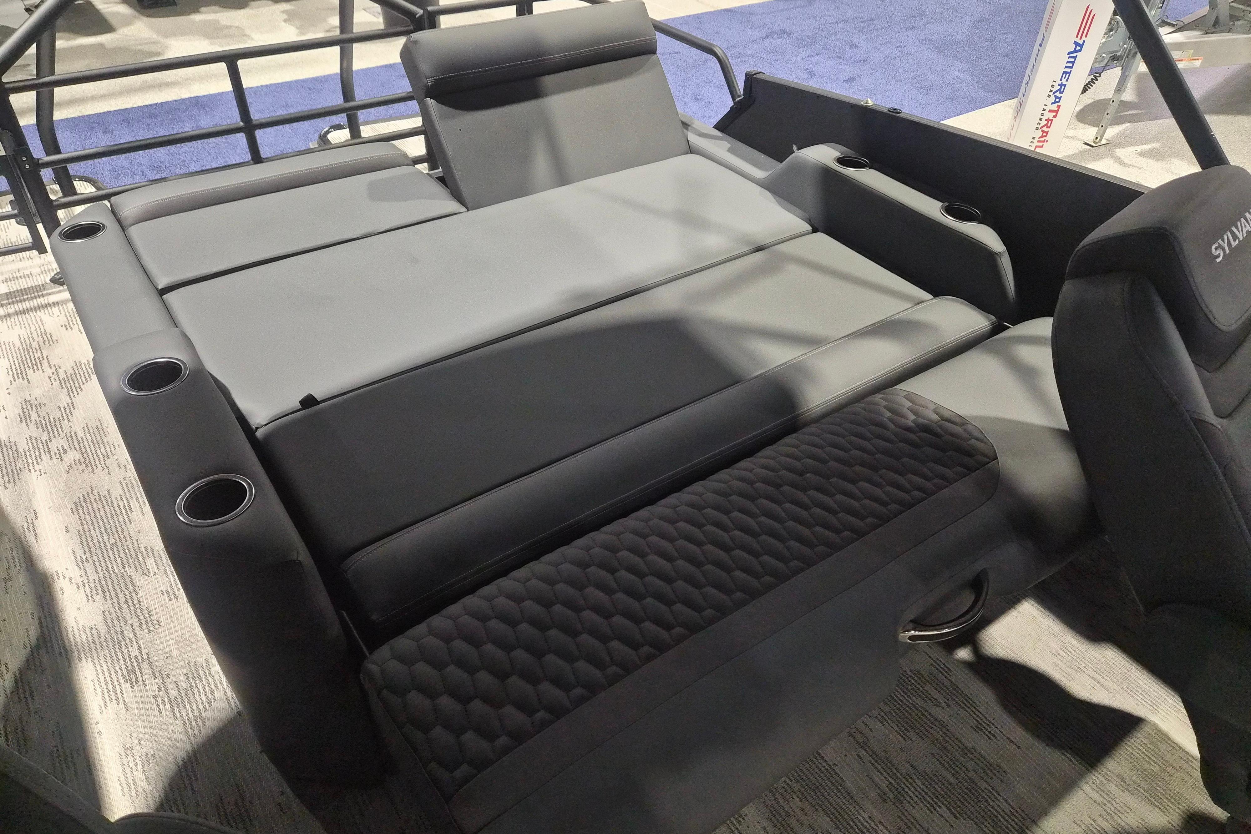 2026 Sylvan L3 ULZ boat interior with gray seating and cup holders.