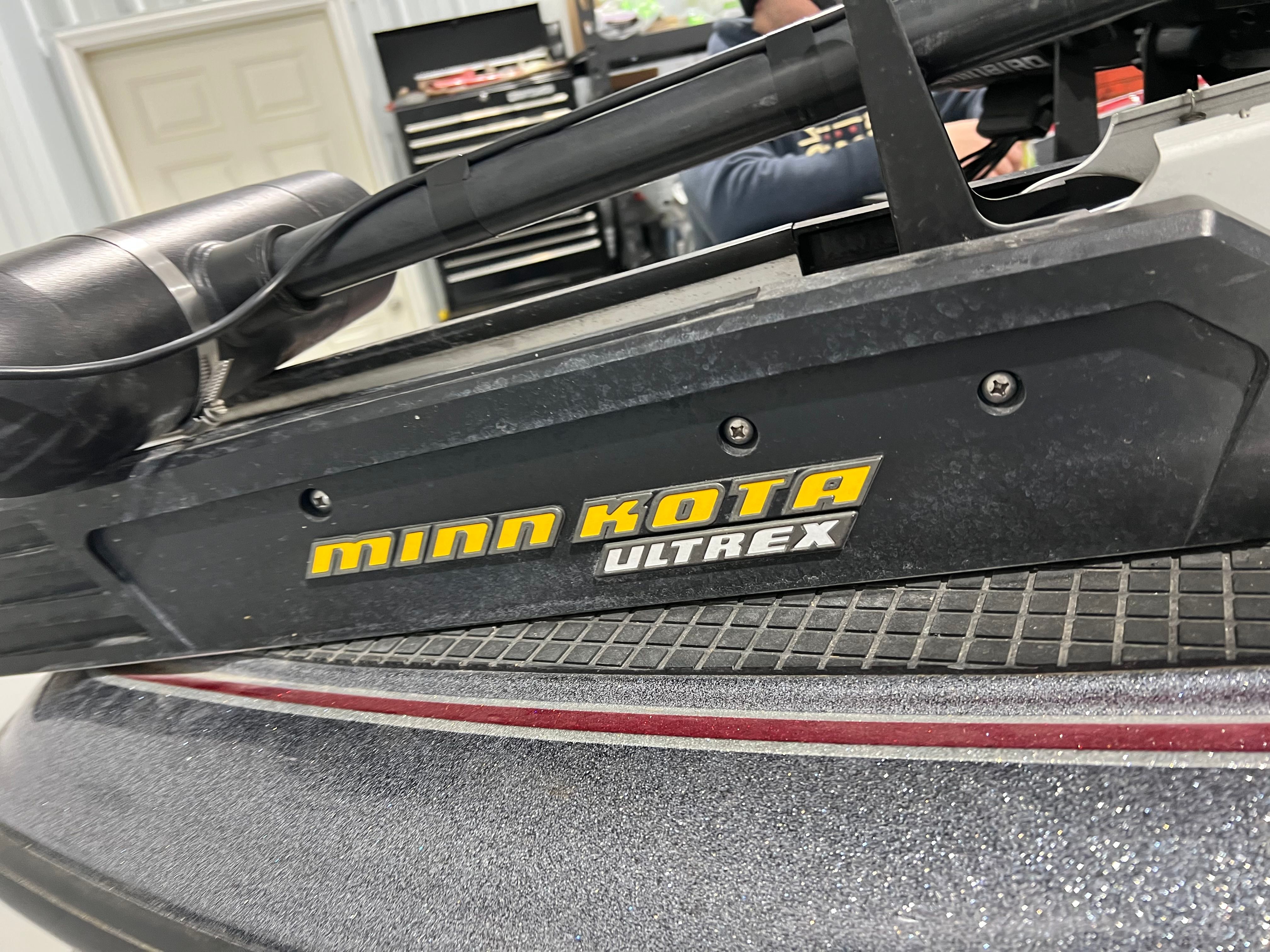 Close-up of a Minn Kota Ultrex trolling motor on a 2015 Triton 18XS boat.