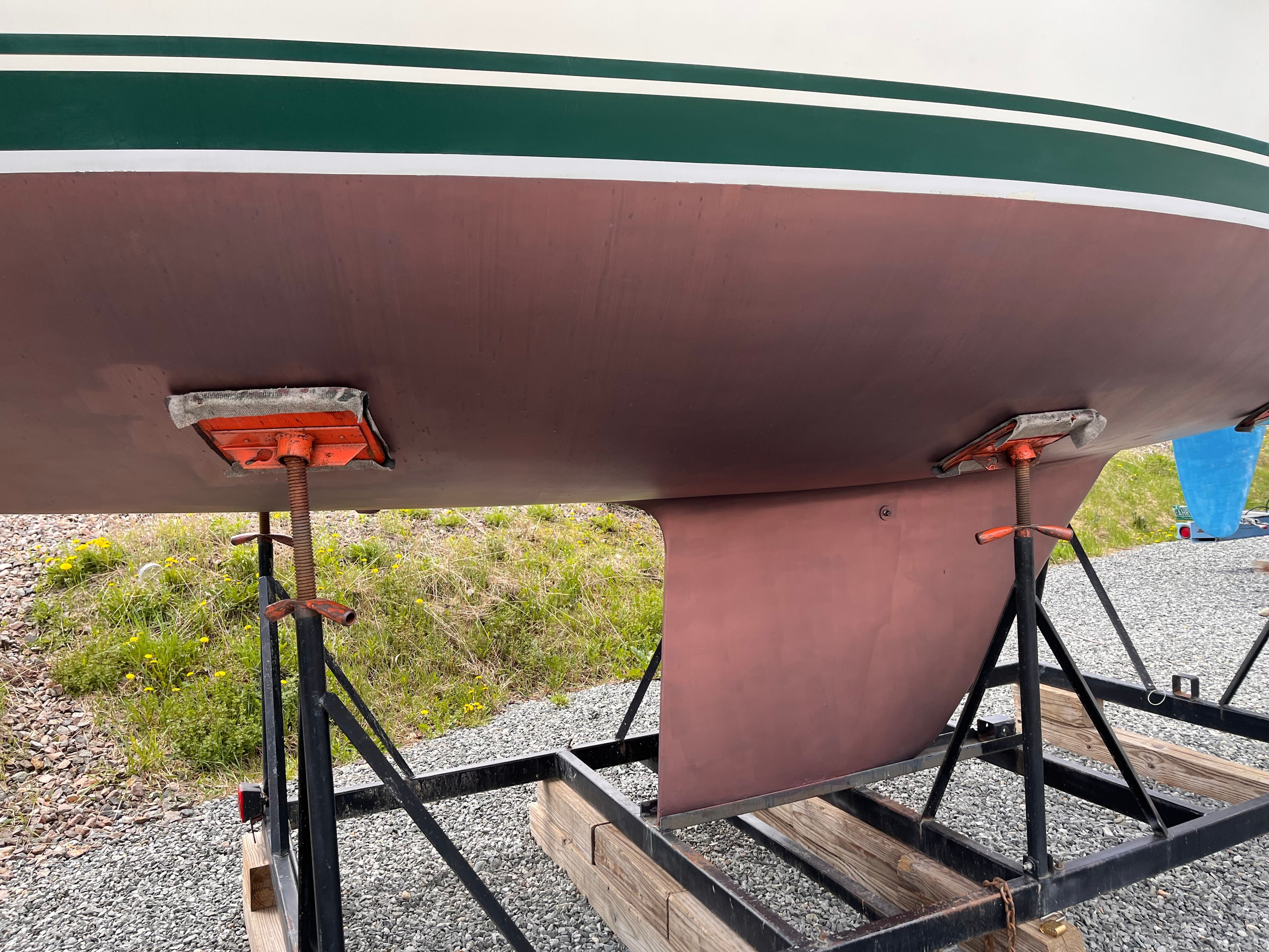 Underside of a 1989 Sabre 30 III boat on a trailer.