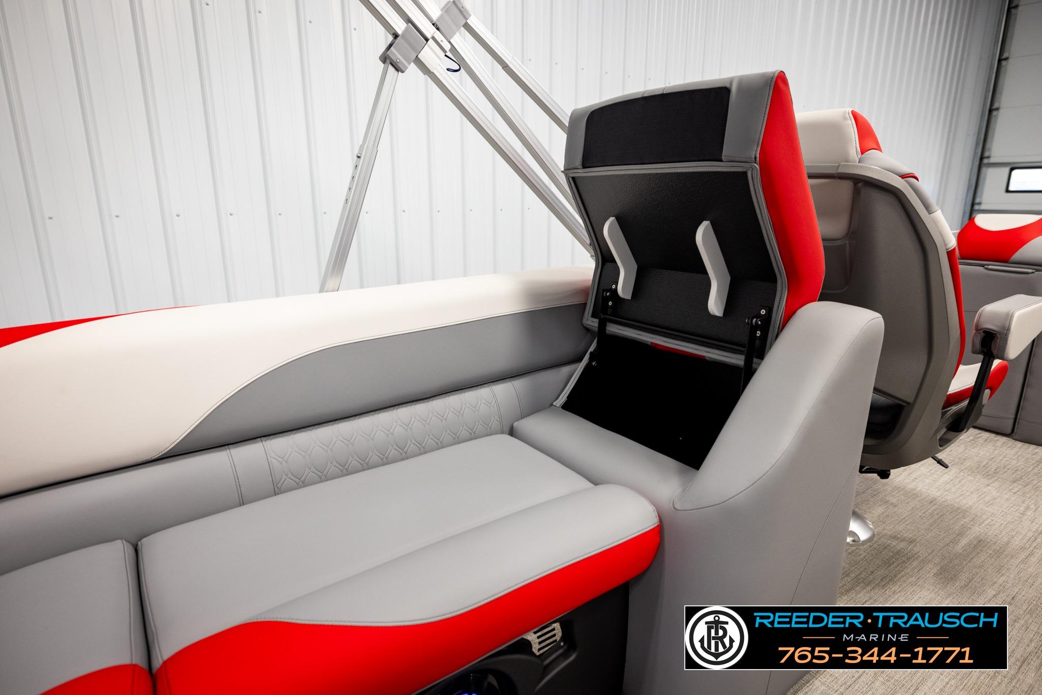 Interior of 2026 Avalon LSZ QL boat with modern seating and storage compartment.