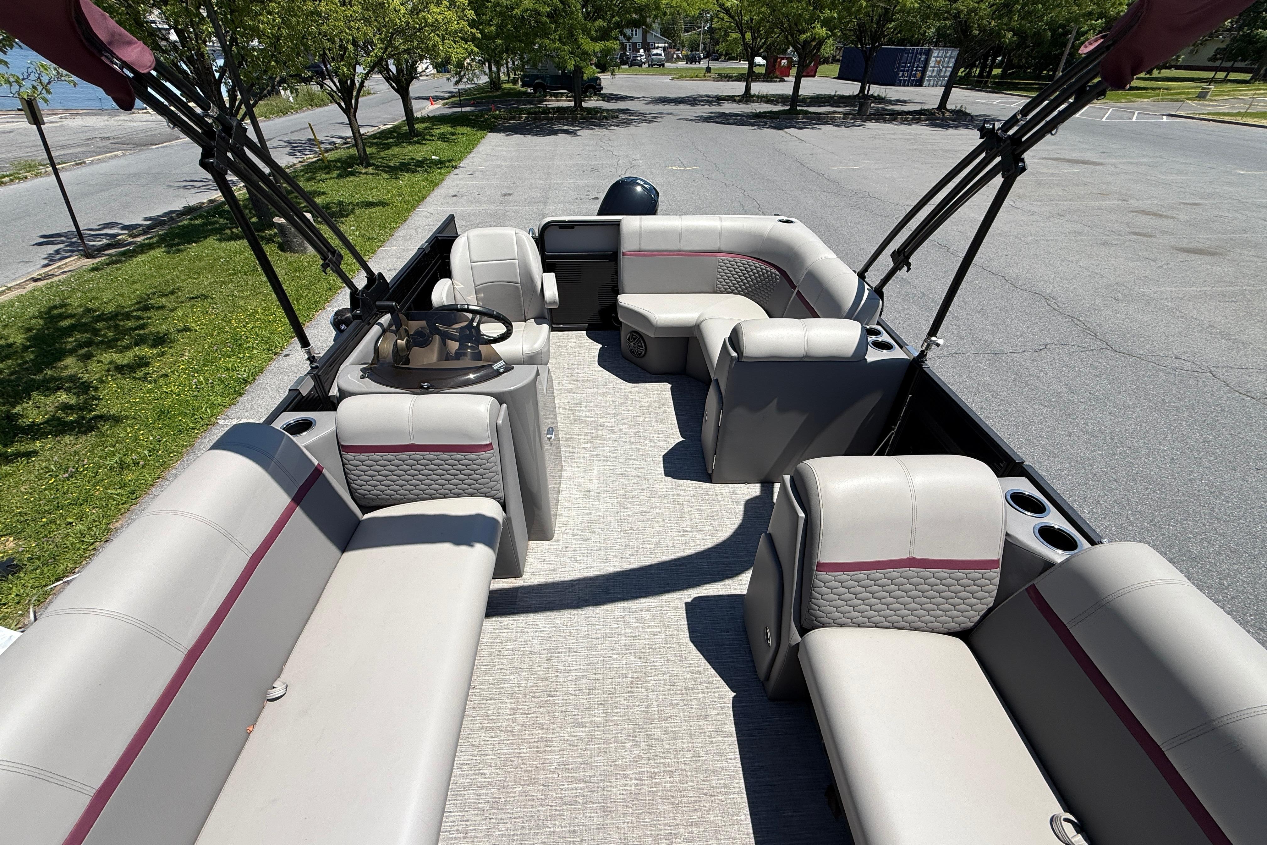 2023 Apex 818 pontoon boat interior with spacious seating and modern design.
