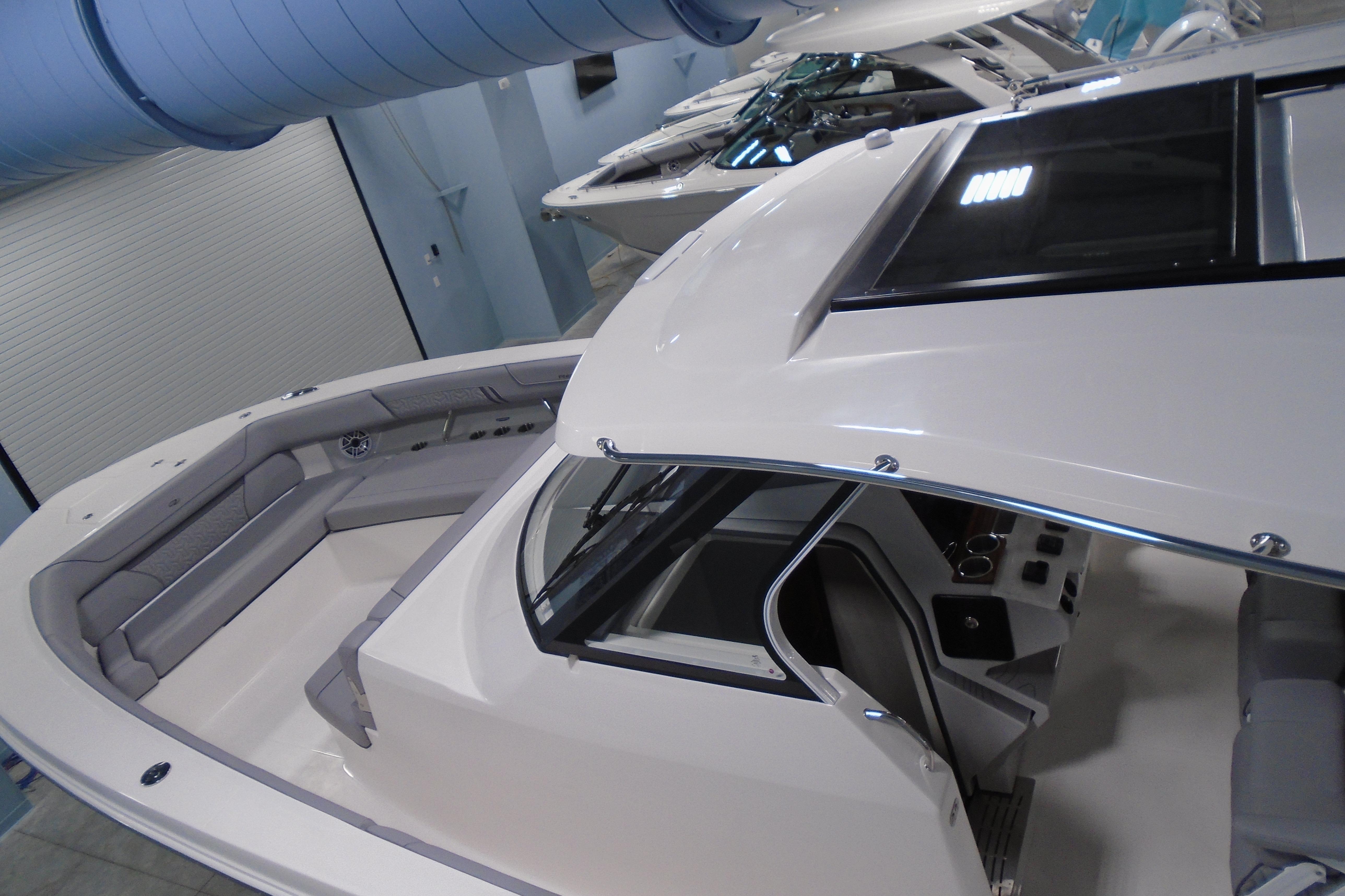 2026 Regal 38 SAV luxury boat interior with sleek design and spacious seating.