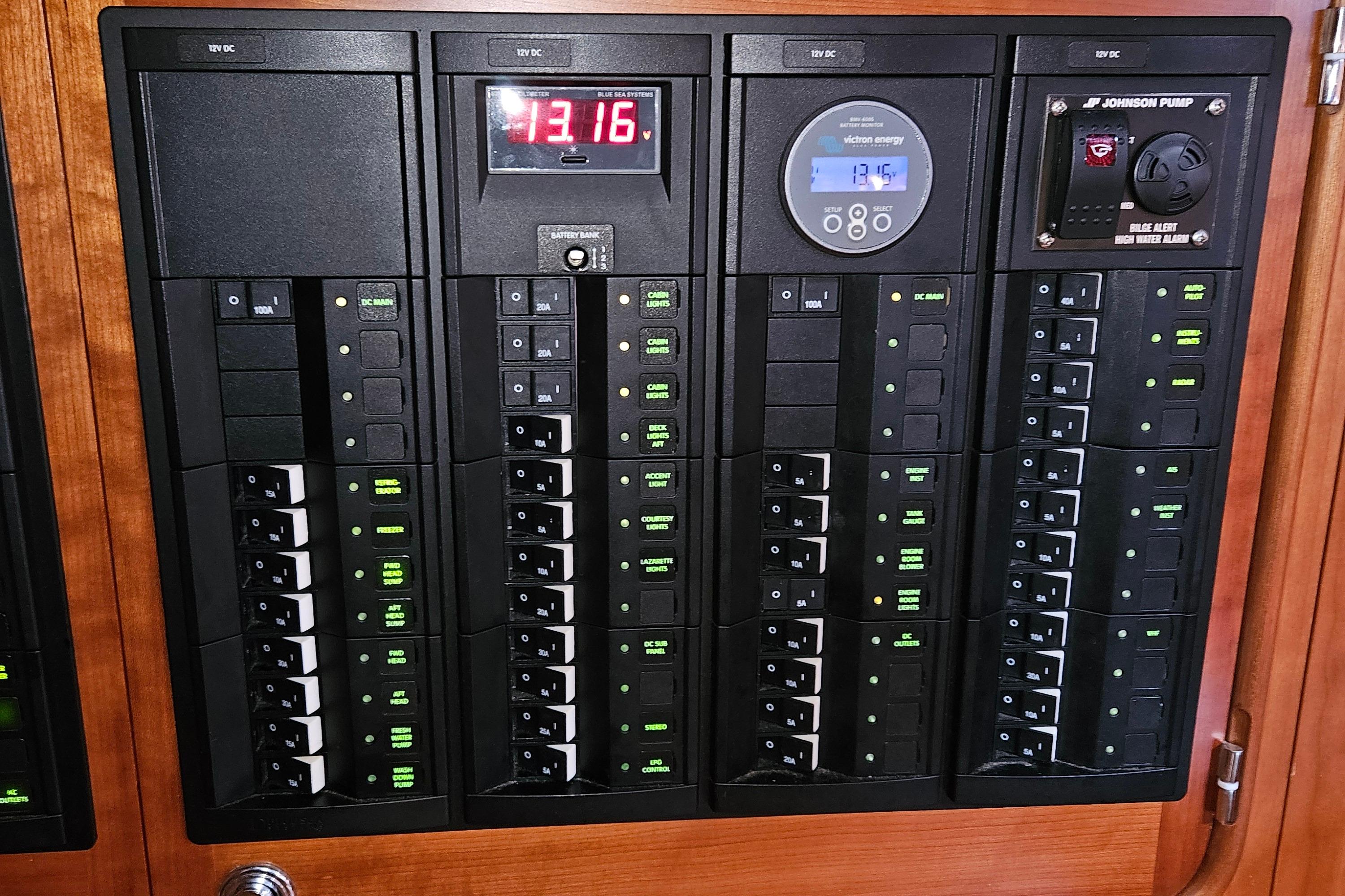 Electrical control panel on a 2013 Passport 470 Center Cockpit yacht.