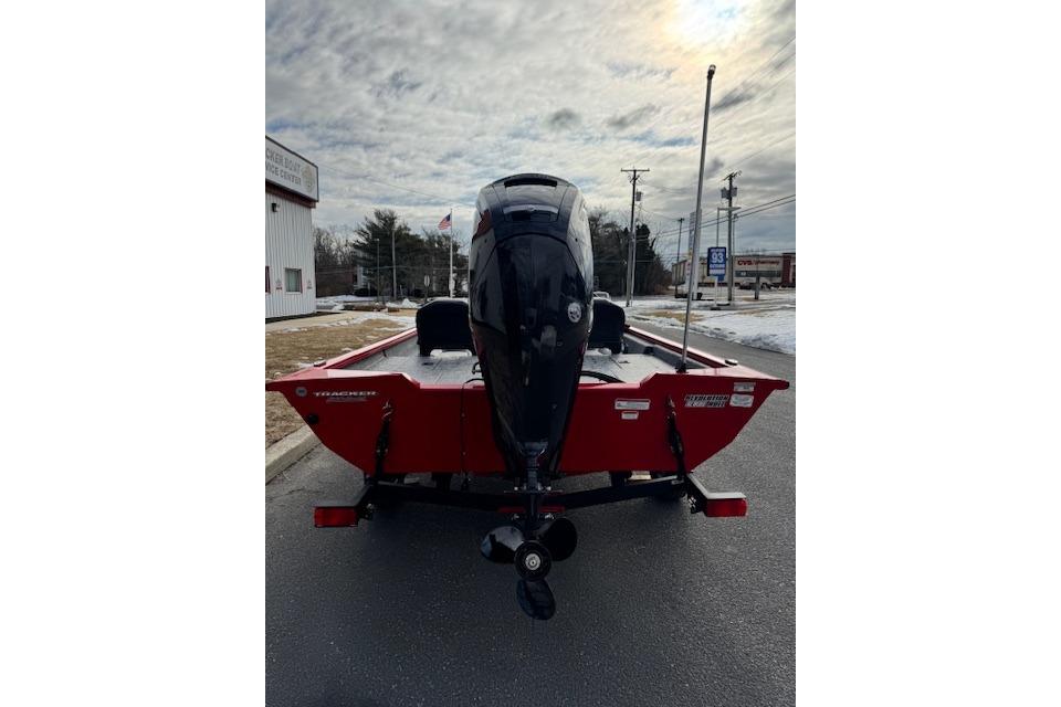 2026 Tracker Pro Team 175 Crappie Edition boat, rear view on a trailer.