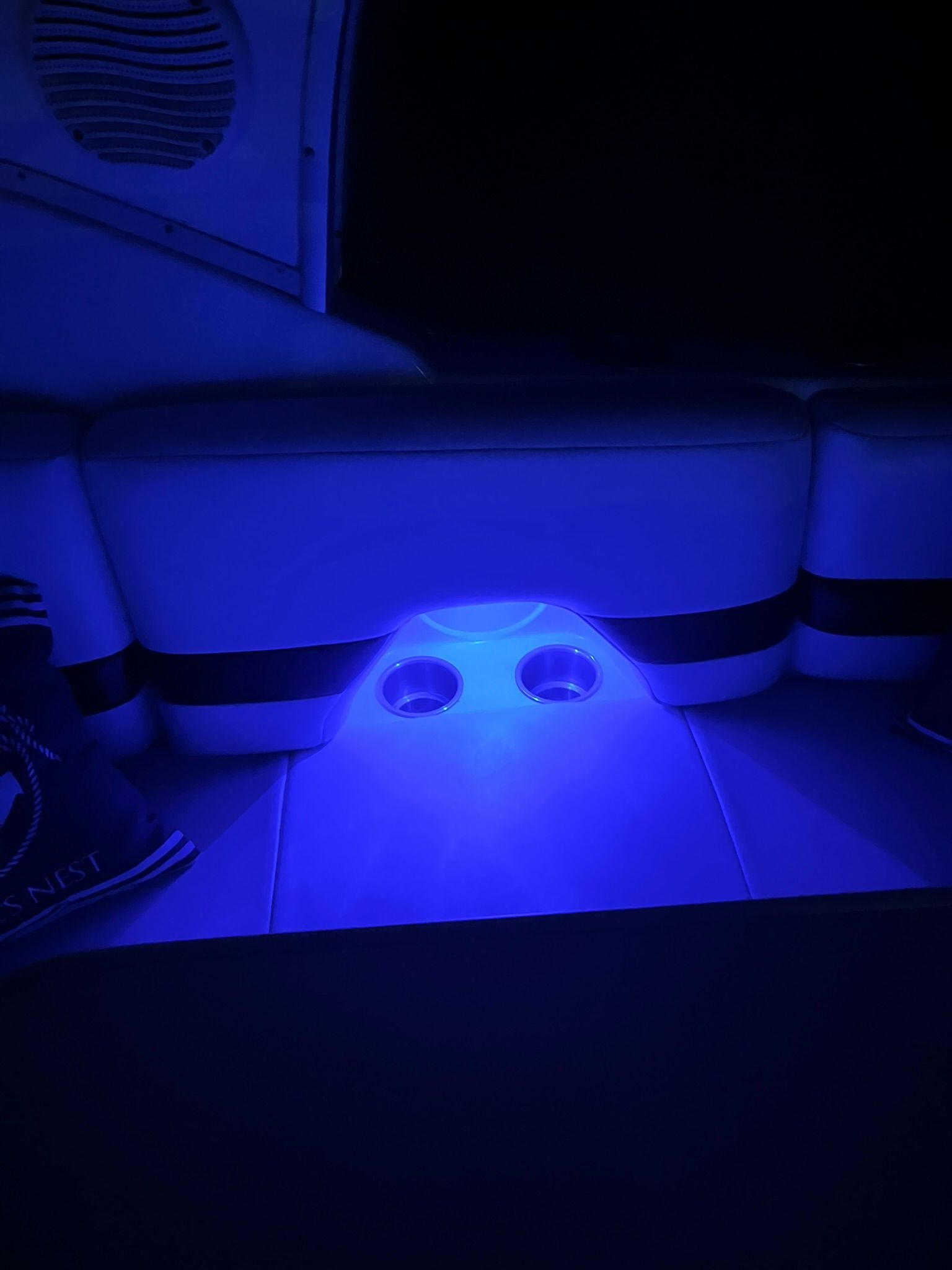 Interior of a 2000 Chaparral Signature with blue lighting.