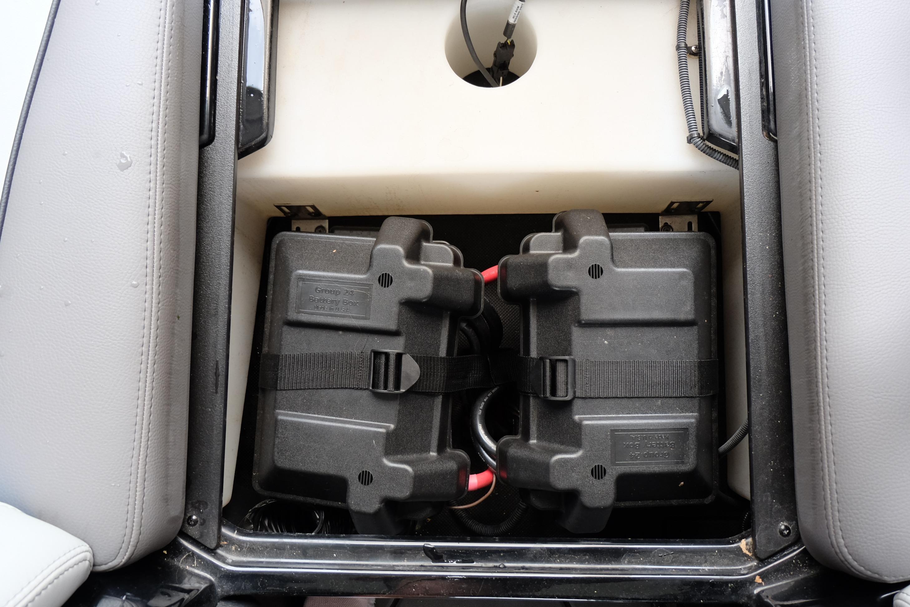 2020 Malibu Wakesetter 23 LSV battery compartment with dual battery setup.