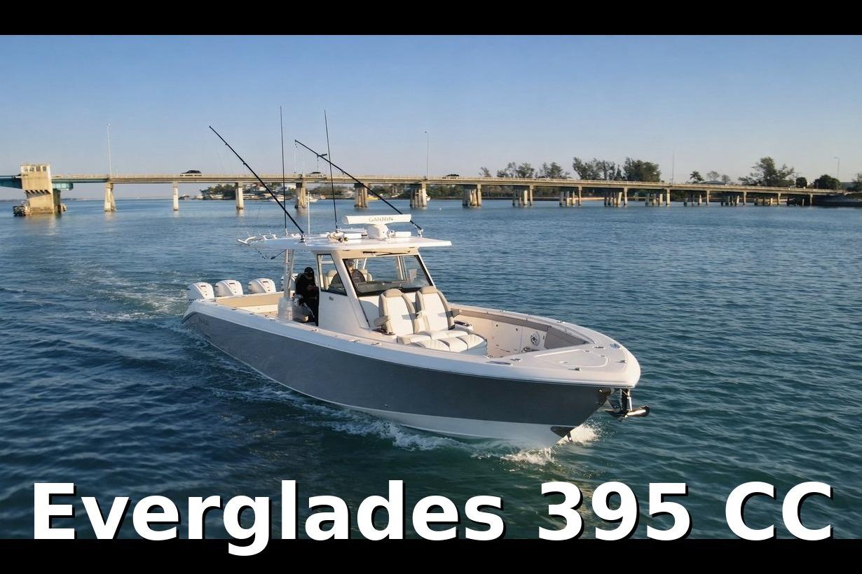 2024 Everglades 395 Center Console boat cruising on open water near a bridge.