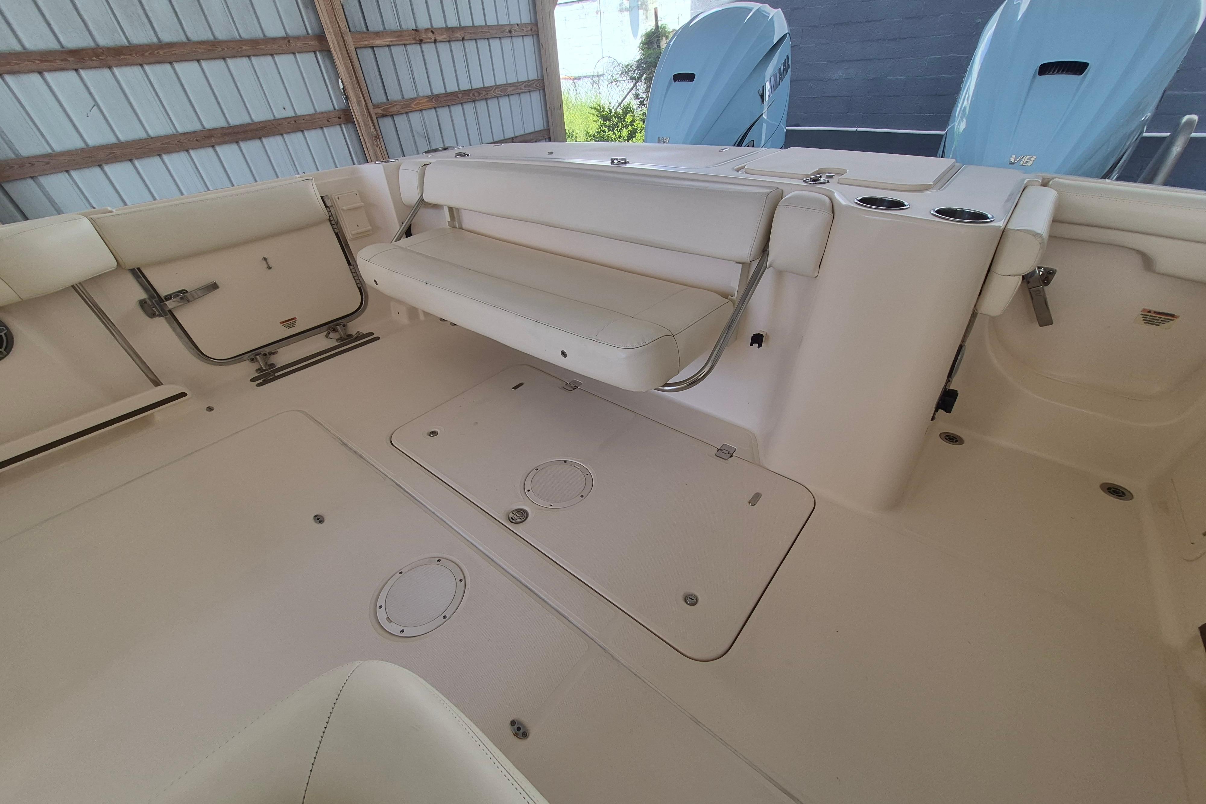 2019 Grady-White Freedom 335 boat interior with seating and storage compartments.