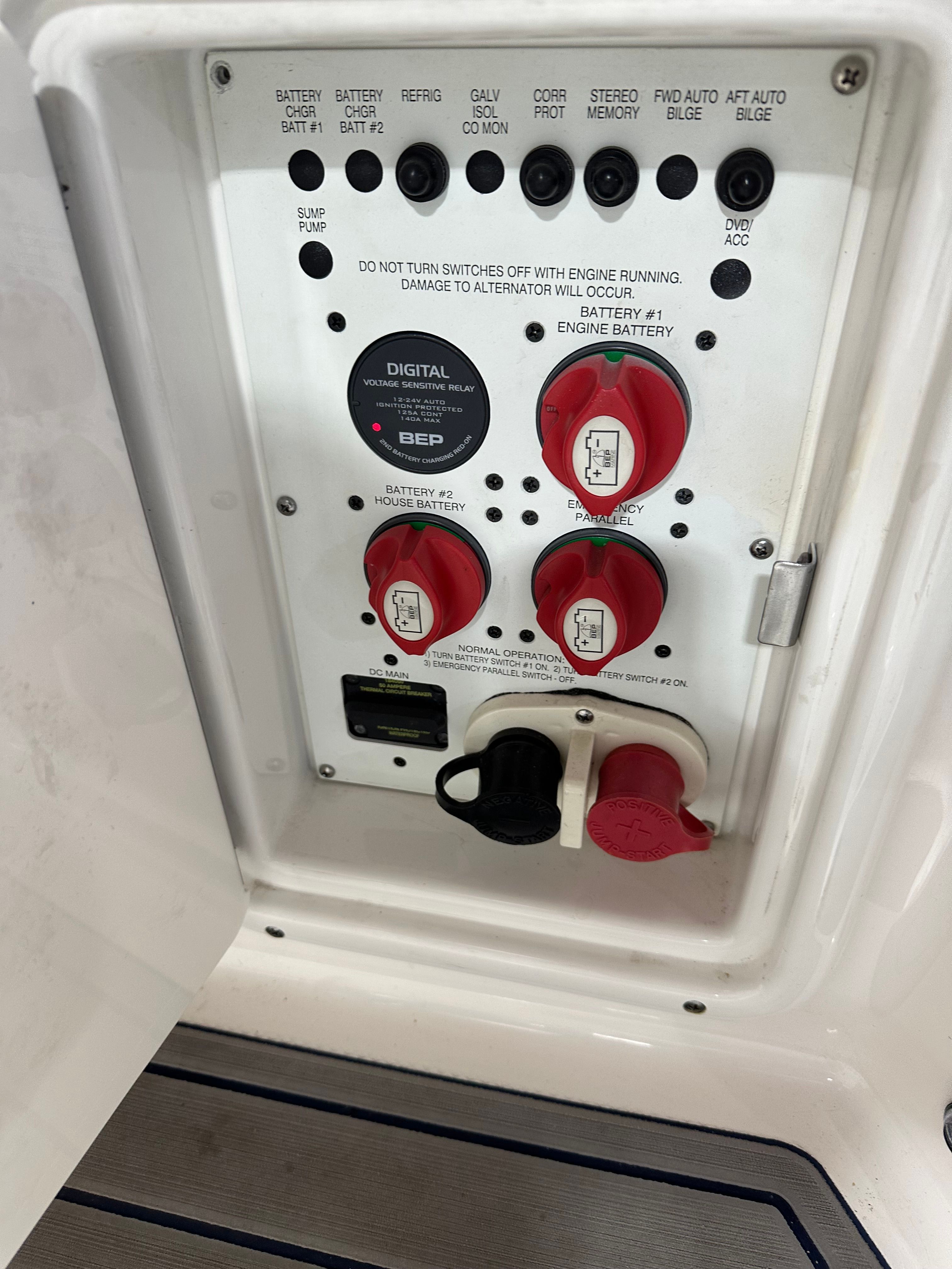 Electrical control panel with switches and indicators on a boat.