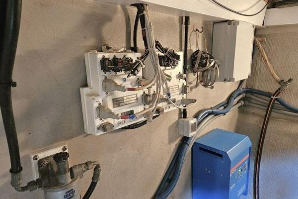 Electrical panel and wiring inside a 2005 Sunseeker Manhattan 66 yacht.