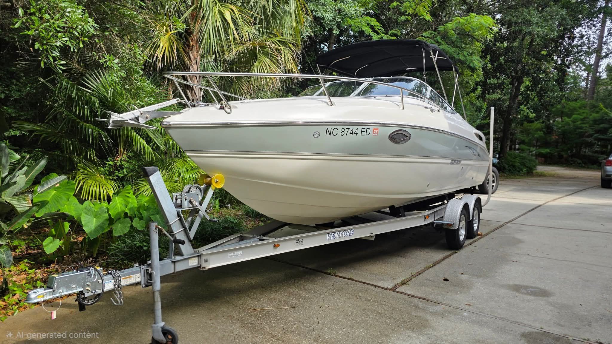 A 2006 Stingray 250 CR on a trailer, surrounded by lush greenery.