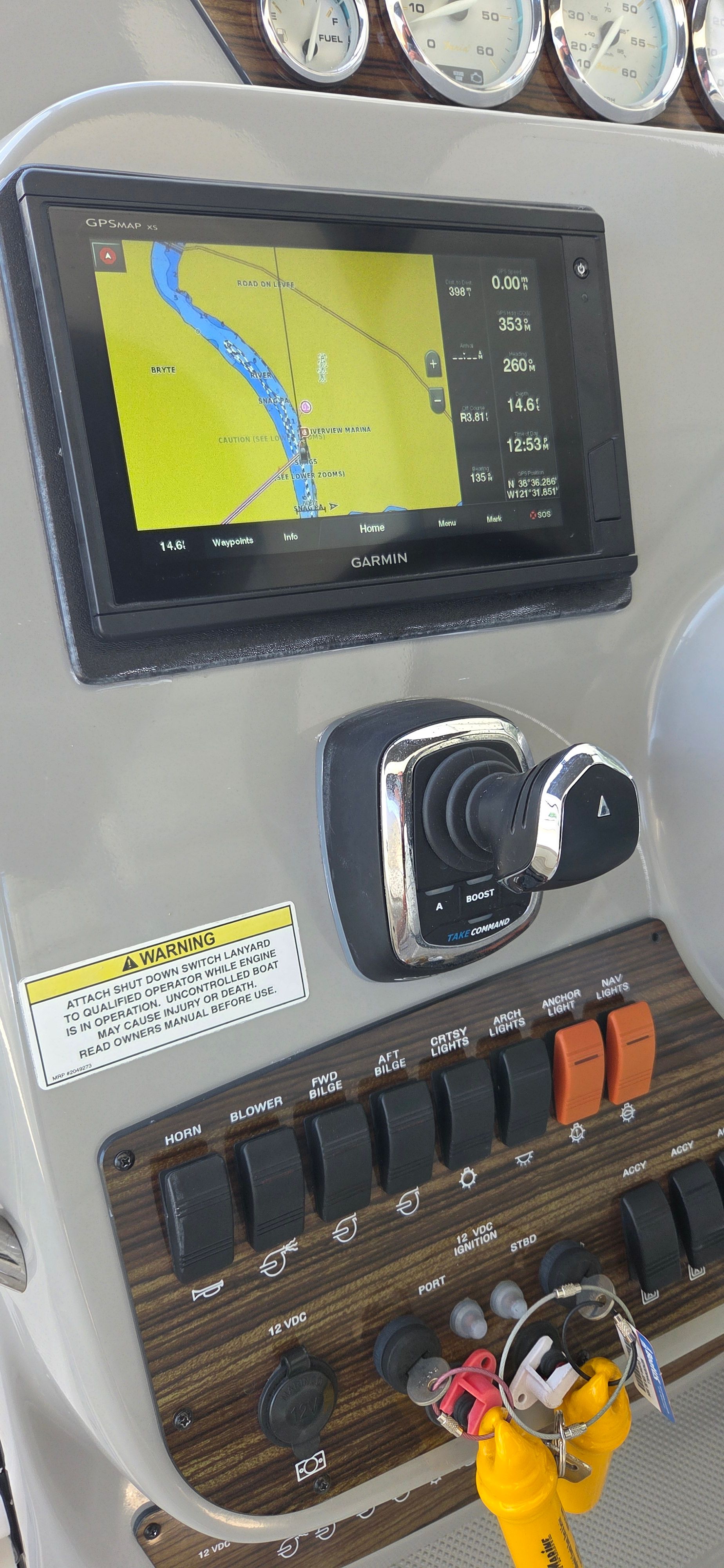 Dashboard of a 2012 Bayliner 335 Cruiser with Garmin GPS.