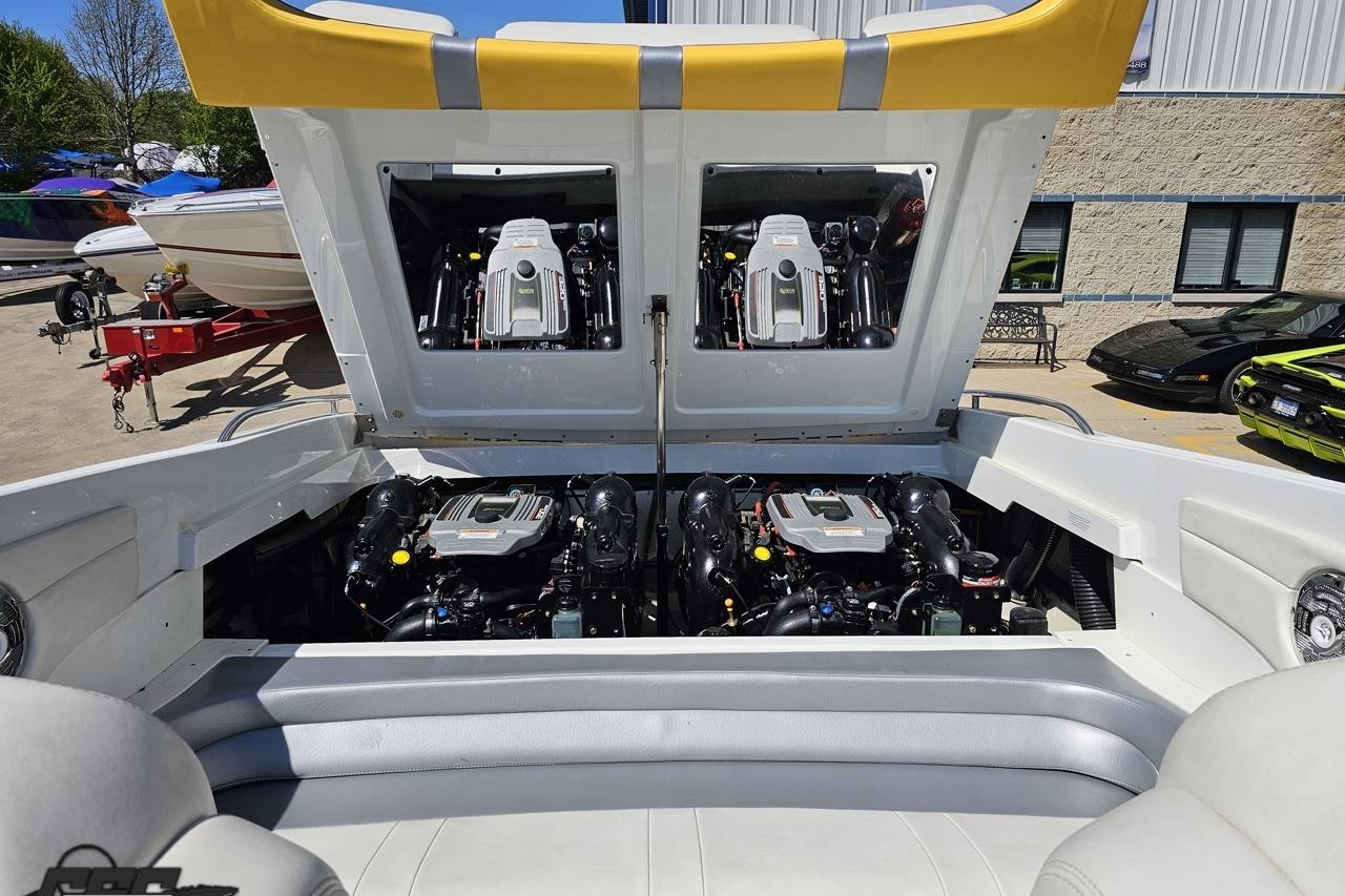 2014 Formula 292 FASTech boat engine compartment with dual engines exposed.