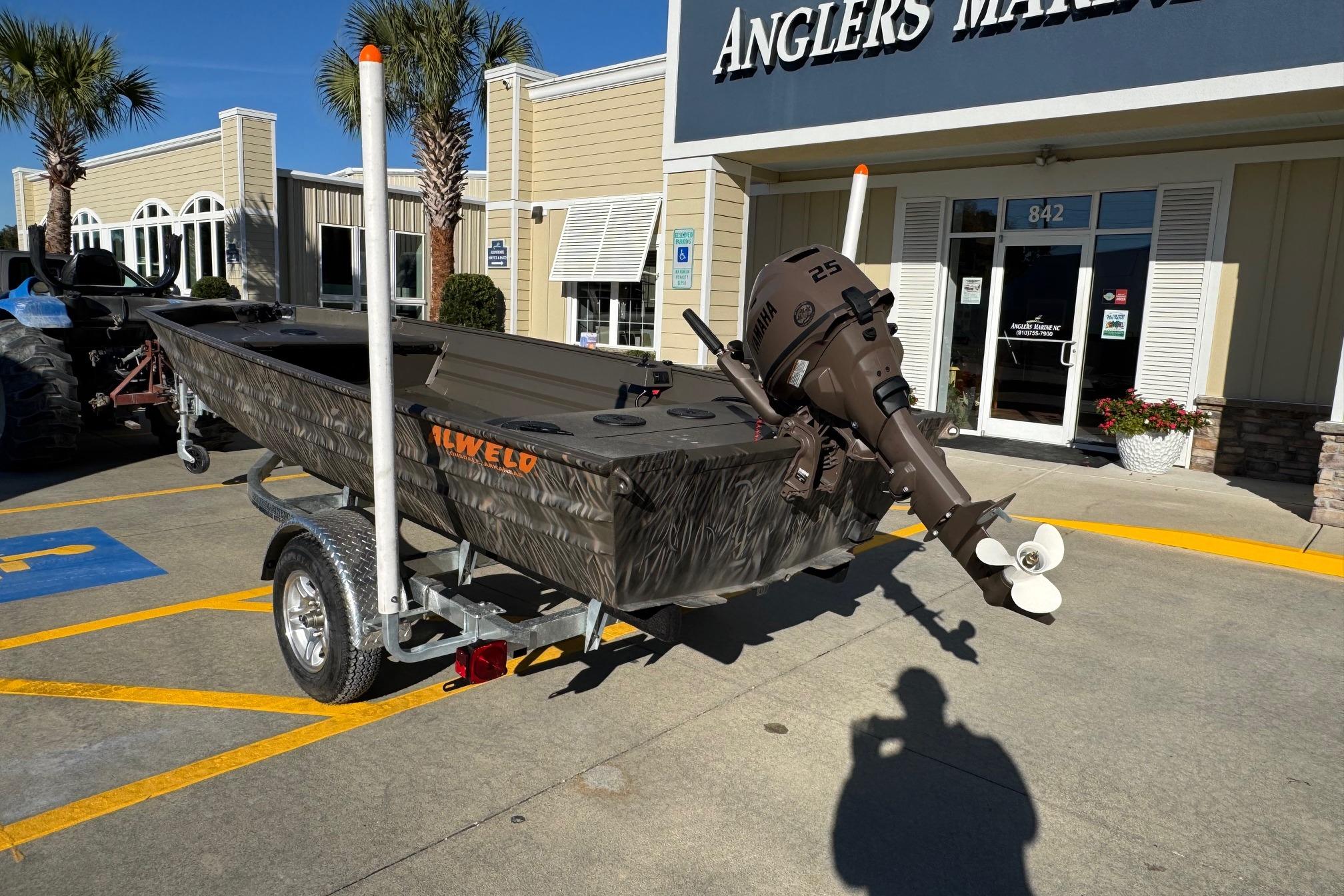 2026 Alweld 1652VV Marsh boat with Yamaha motor outside Anglers Marine.