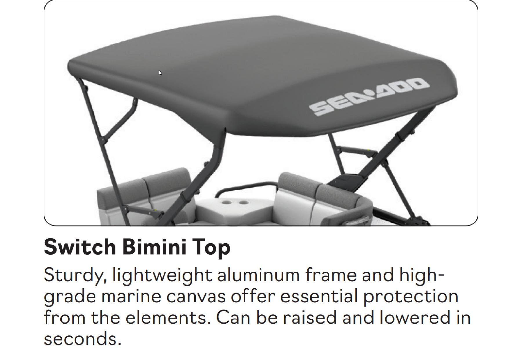 2026 Sea-Doo Switch Cruise 21 with durable Bimini top for weather protection.