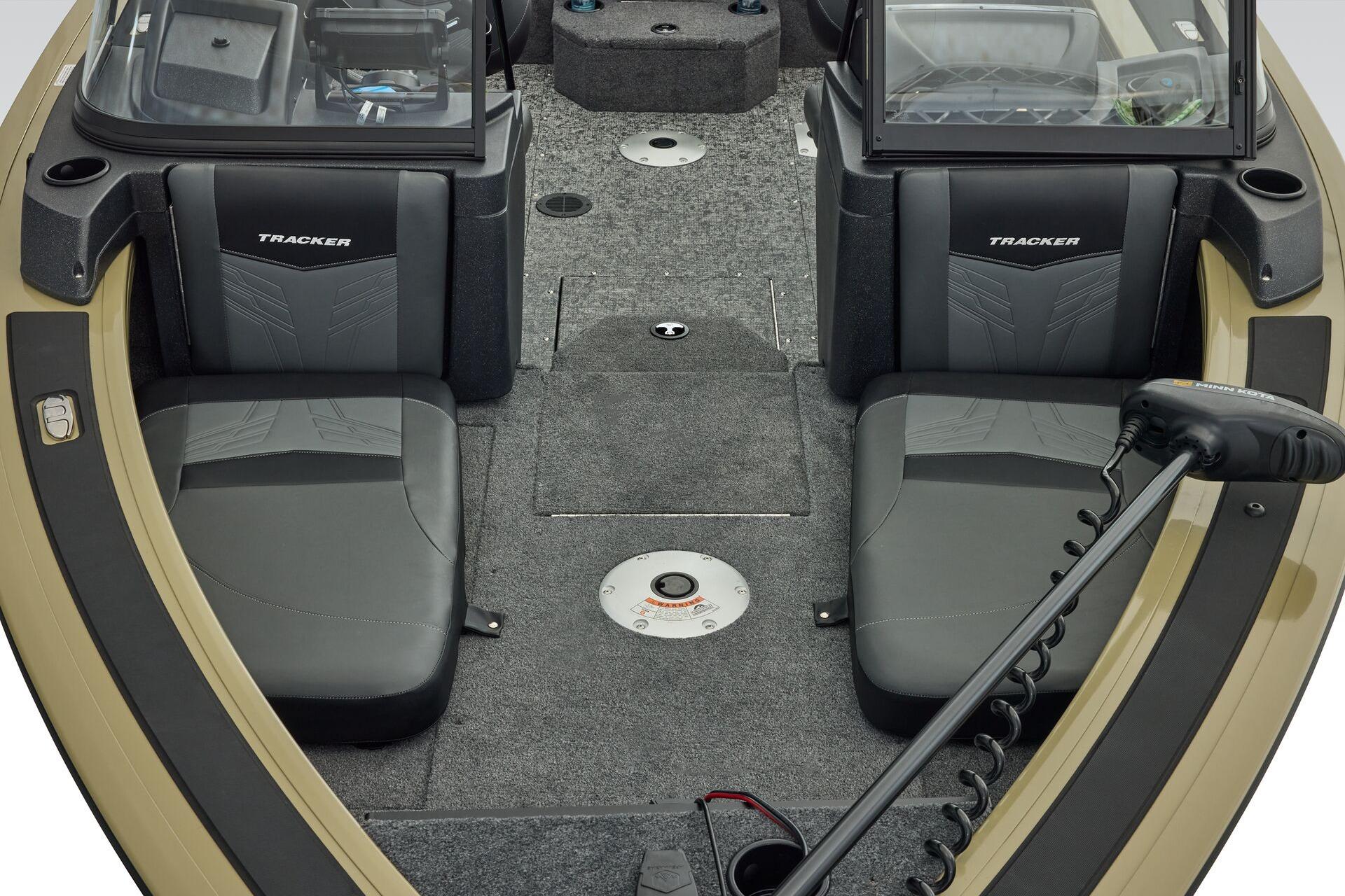 2026 Tracker Targa V-19 Combo boat interior with seating and carpeted deck.