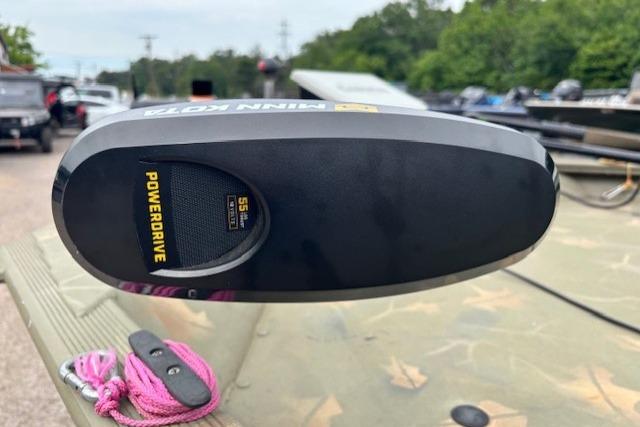 Minn Kota PowerDrive motor on 2017 Tracker Grizzly 1654 MVX Sportsman boat, outdoors.