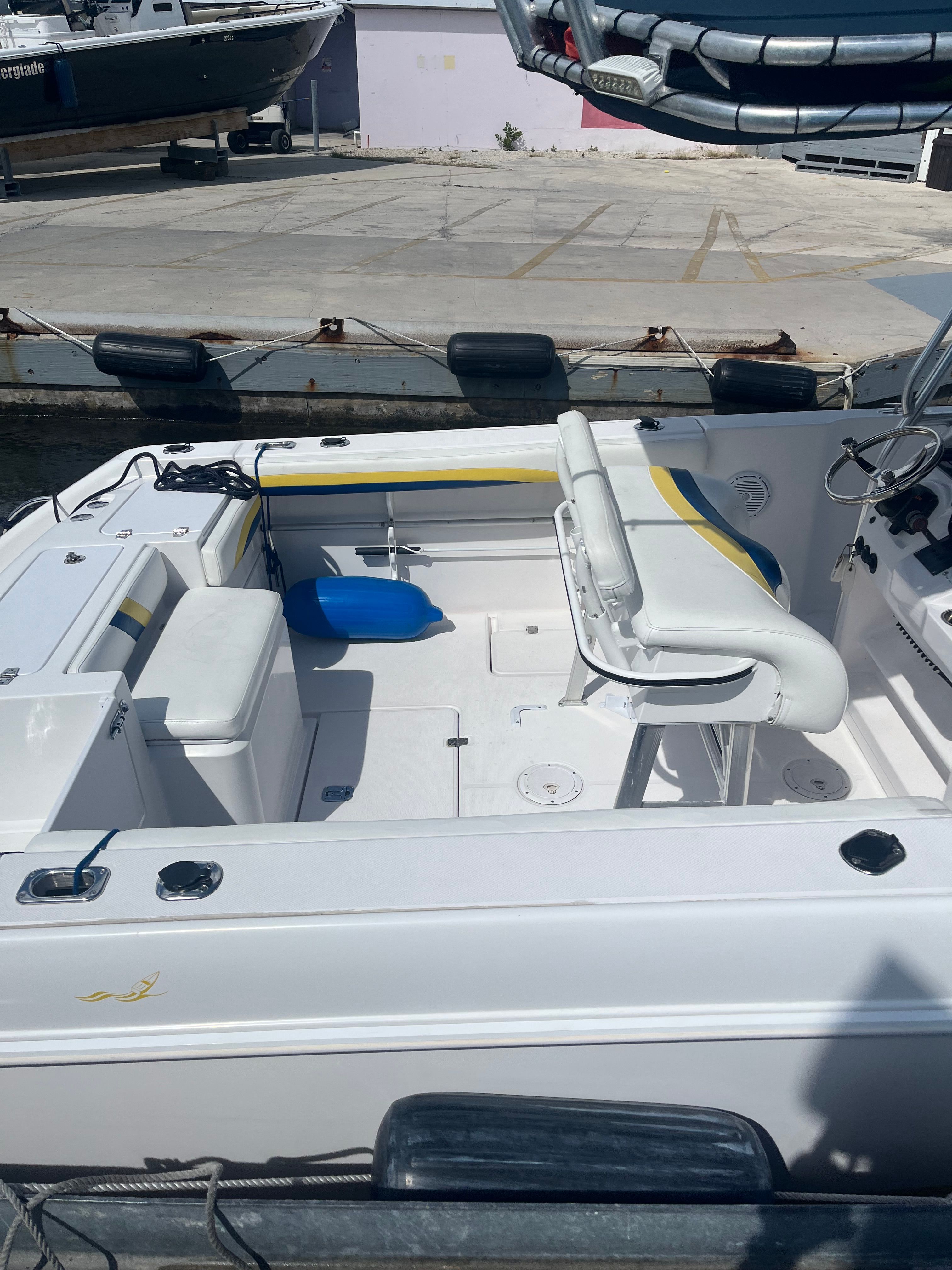 Interior of a 2001 Donzi 29 ZF boat docked at harbor.