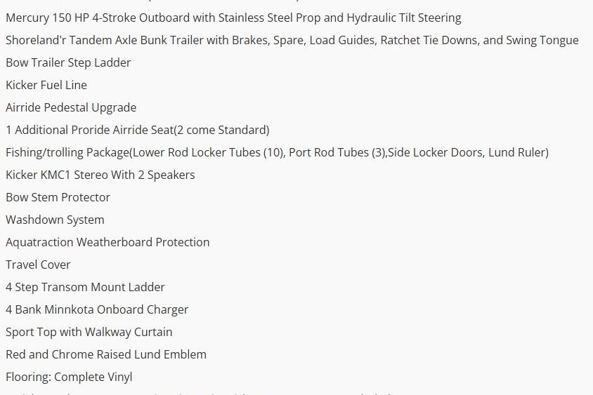 2026 Lund 1875 Fisherman features list, including Mercury 150 HP engine and fishing package.