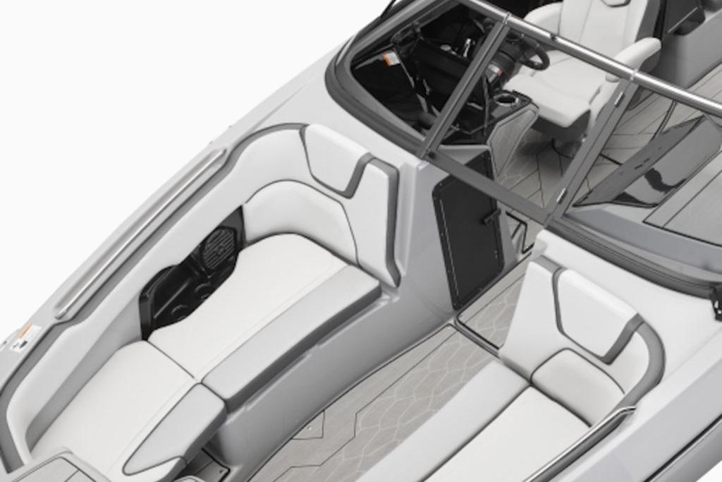 2025 Yamaha Boats 252XE interior, featuring sleek white seating and modern design elements.