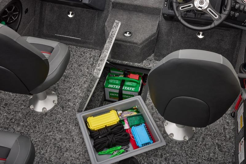Interior of 2026 Tracker Targa V-18 Combo boat with storage compartments and accessories.