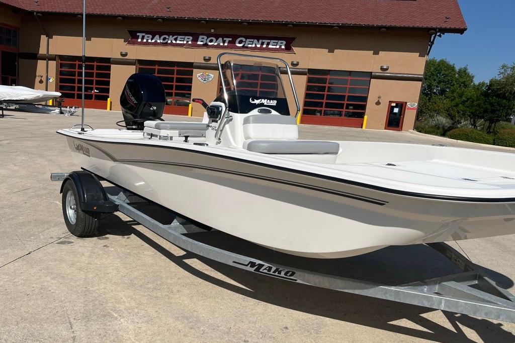 2026 Mako Pro Skiff 15 CC boat on trailer at Tracker Boat Center.