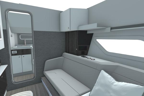 Manufacturer Provided Image: Interior of 2026 Formula 360 Crossover Bowrider I/O, featuring modern seating and cabinetry.