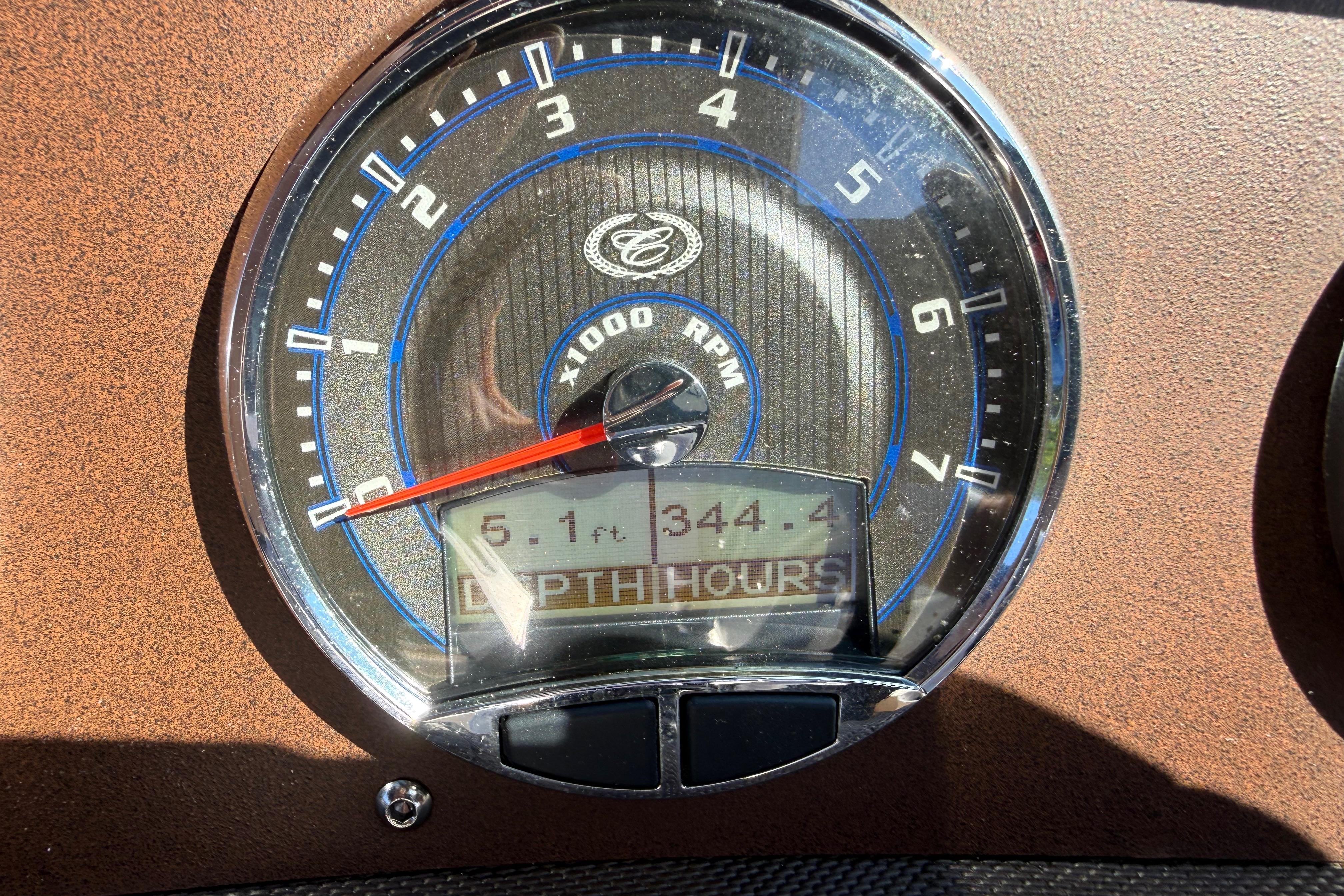 Tachometer of 2018 Cobalt CS22 showing 5.1 feet depth and 344.4 hours.