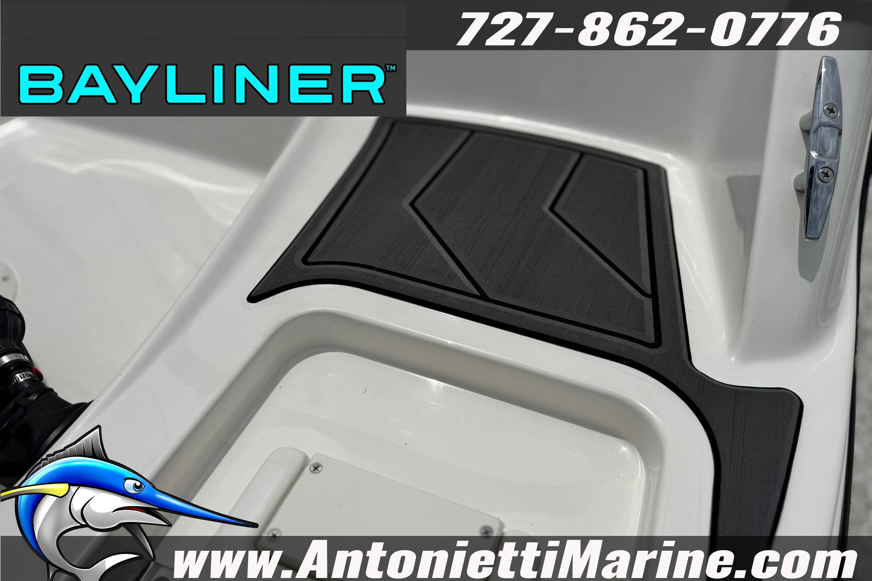 2024 Bayliner Element M15 boat deck with logo and contact details.
