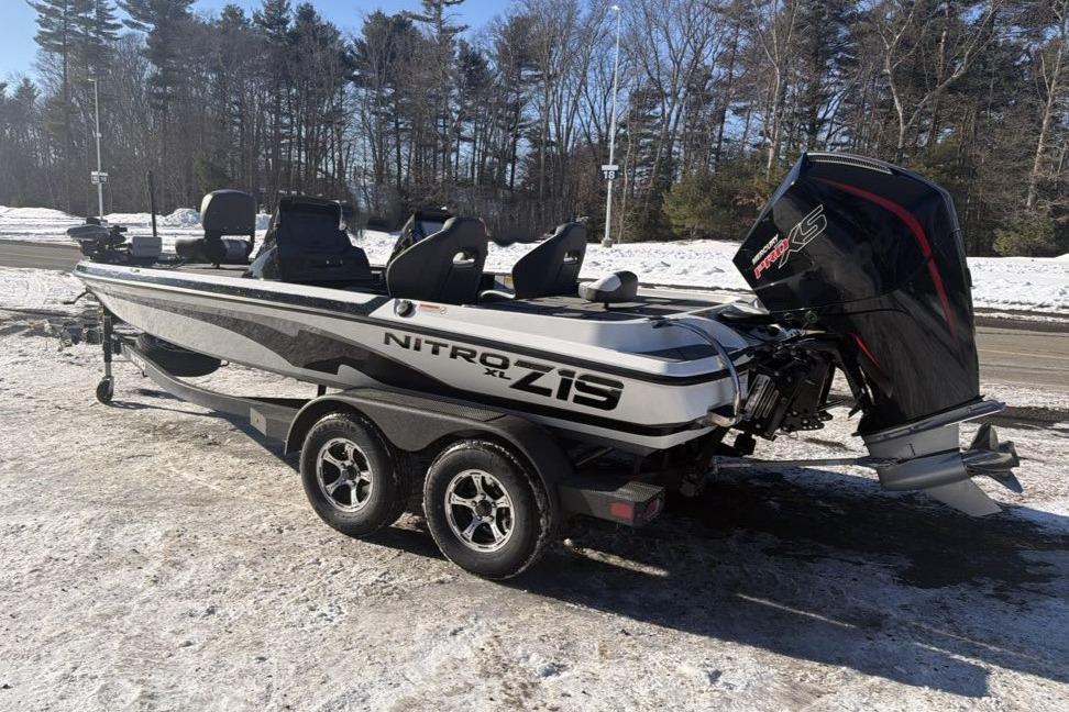 2026 Nitro Z19 XL Pro boat on snowy ground with trees in background.